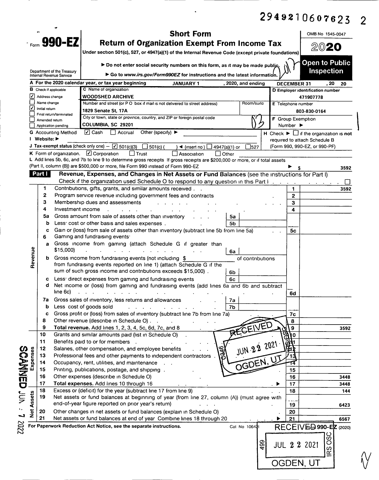 Image of first page of 2020 Form 990EZ for Woodshed Archive