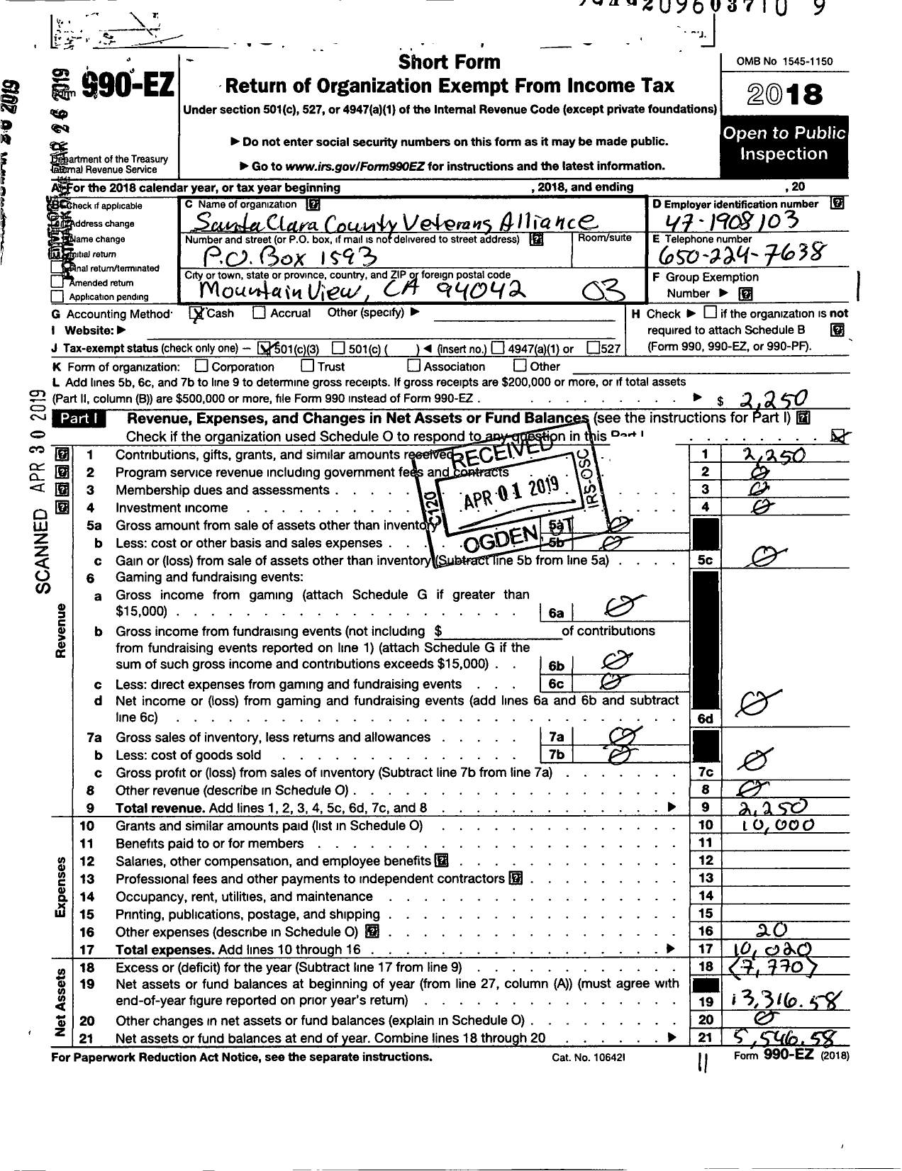 Image of first page of 2018 Form 990EZ for Santa Clara County Veterans Alliance