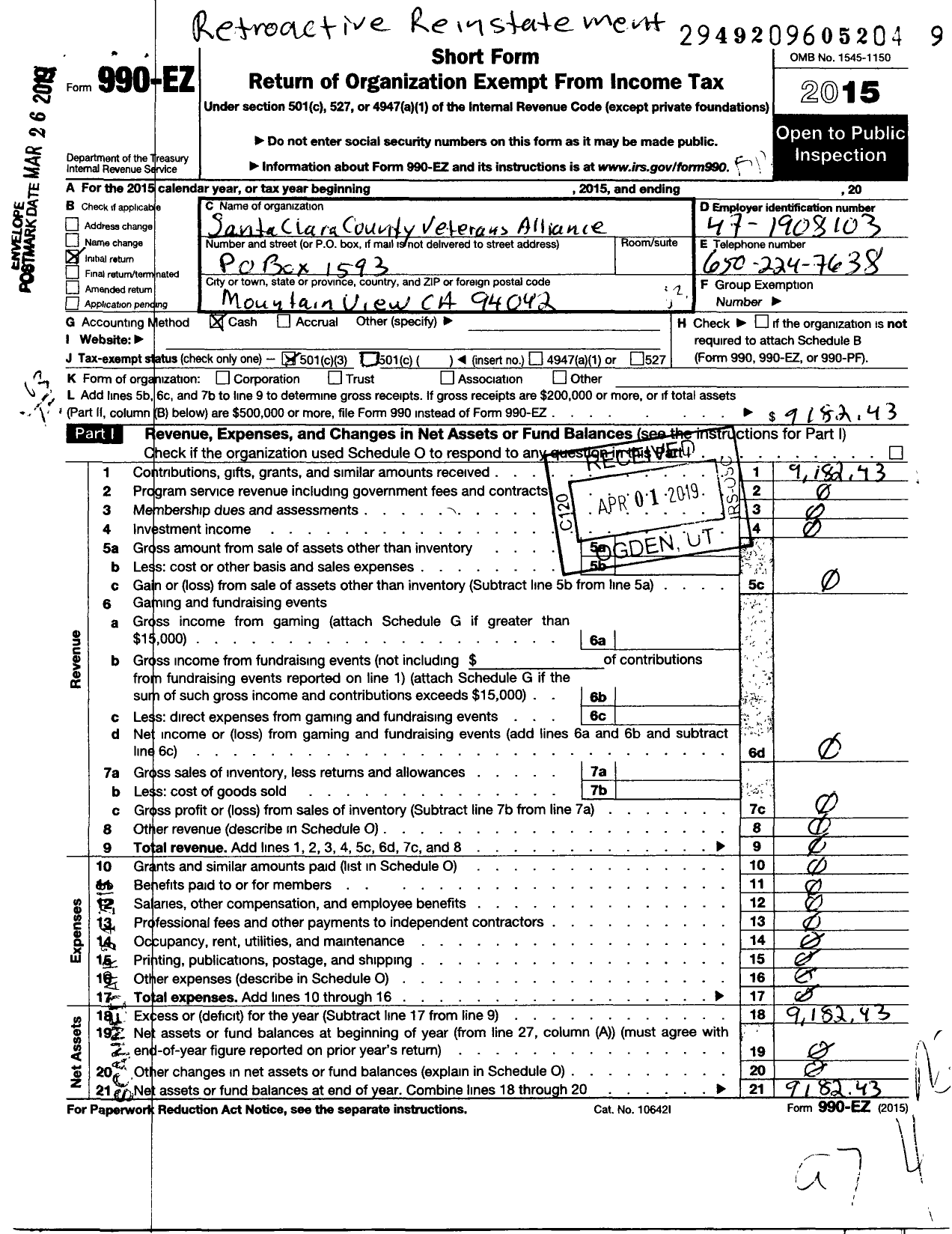 Image of first page of 2015 Form 990EZ for Santa Clara County Veterans Alliance