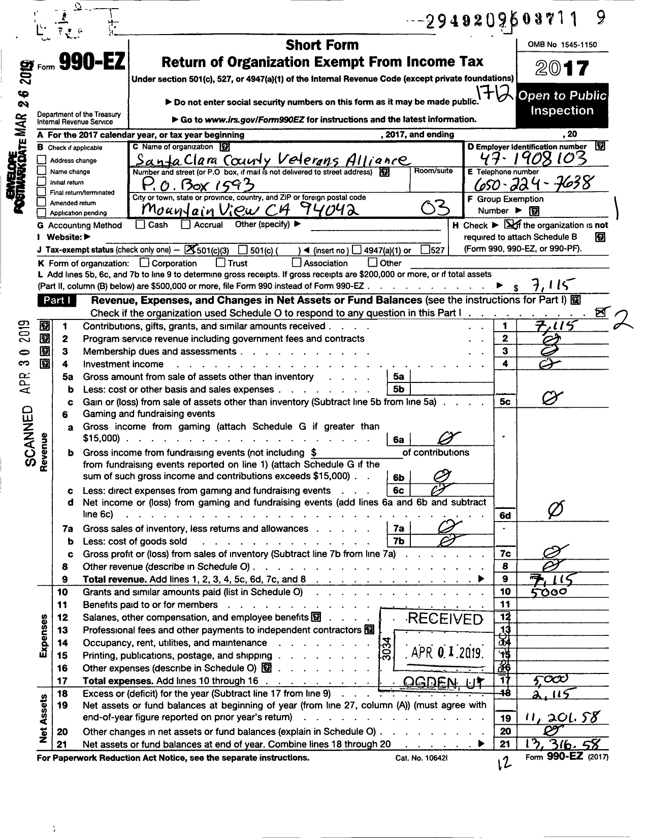 Image of first page of 2017 Form 990EZ for Santa Clara County Veterans Alliance