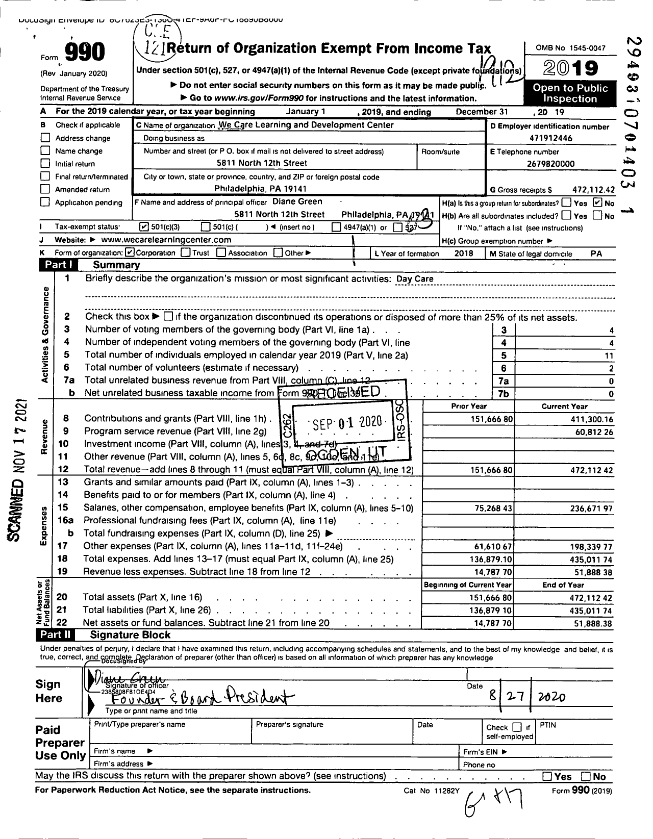 Image of first page of 2019 Form 990 for We Care Learning and Development Center