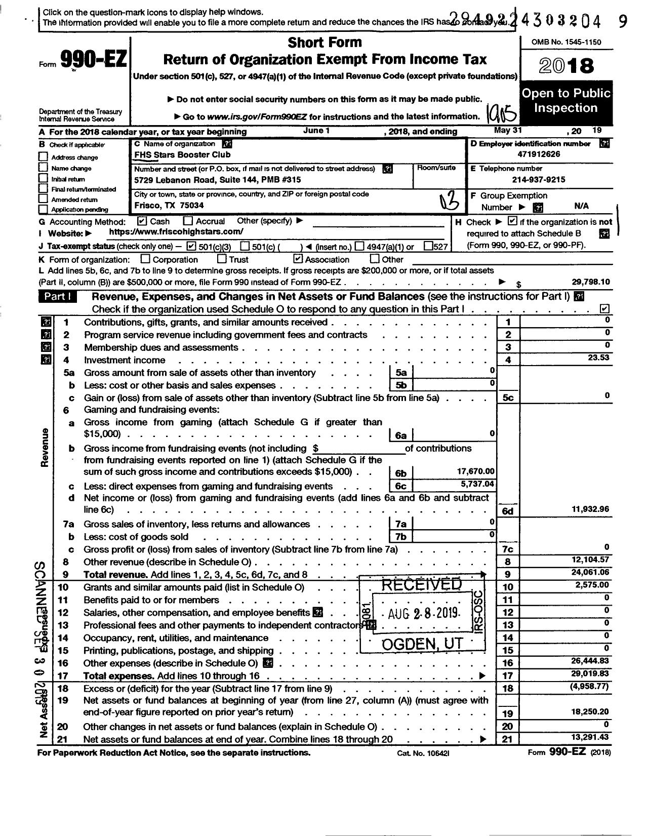 Image of first page of 2018 Form 990EZ for FHS Stars Booster Club