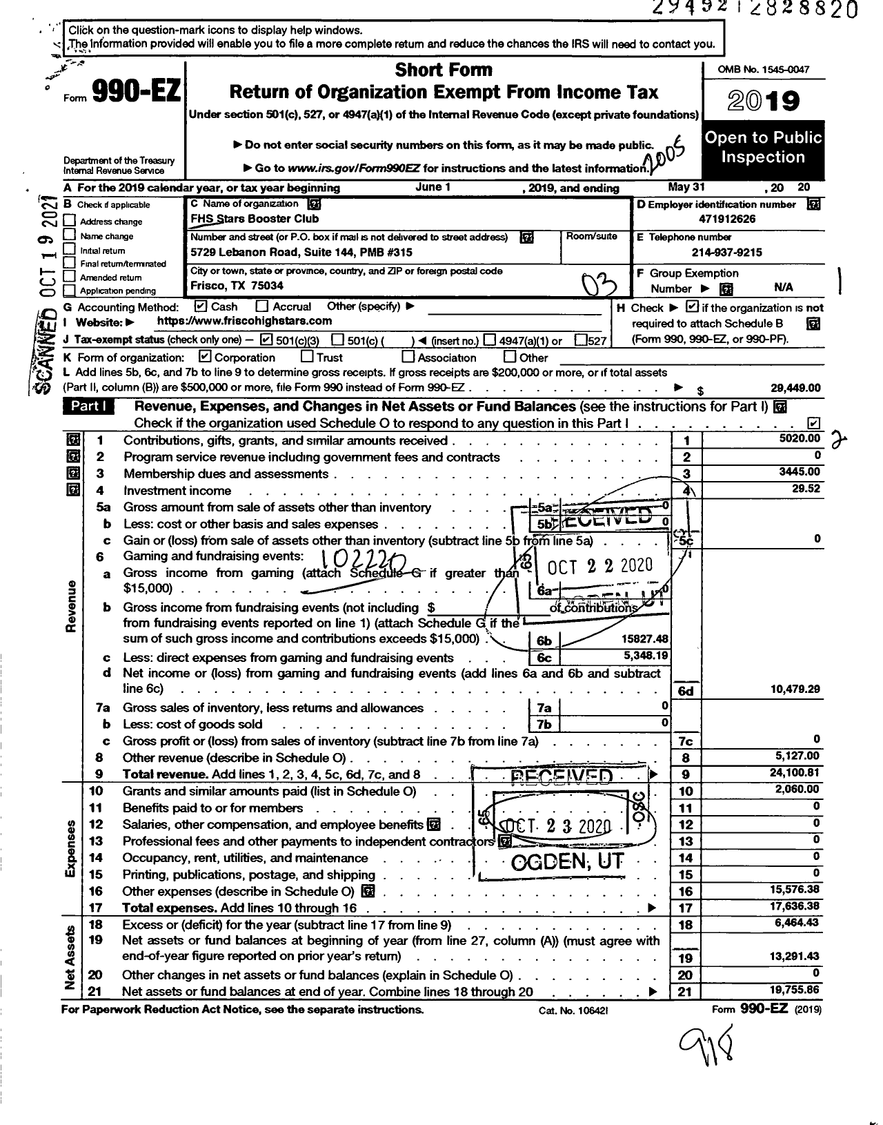 Image of first page of 2019 Form 990EZ for FHS Stars Booster Club