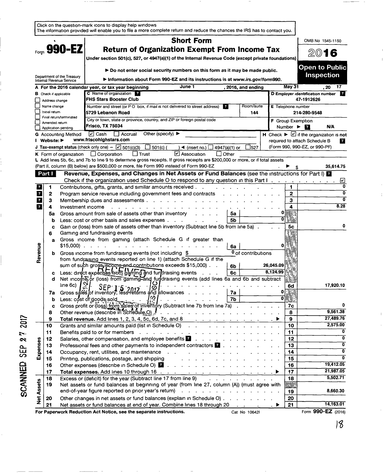 Image of first page of 2016 Form 990EZ for FHS Stars Booster Club