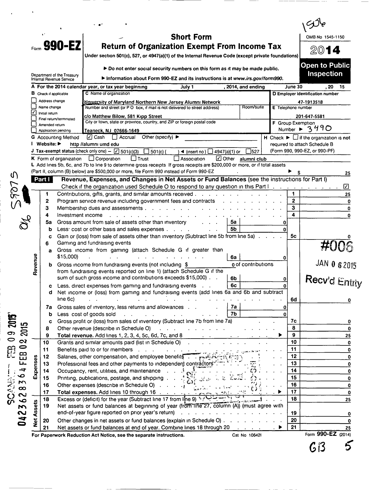 Image of first page of 2014 Form 990EZ for University of Maryland Alumni Association / Northern New Jersey Alumni Network