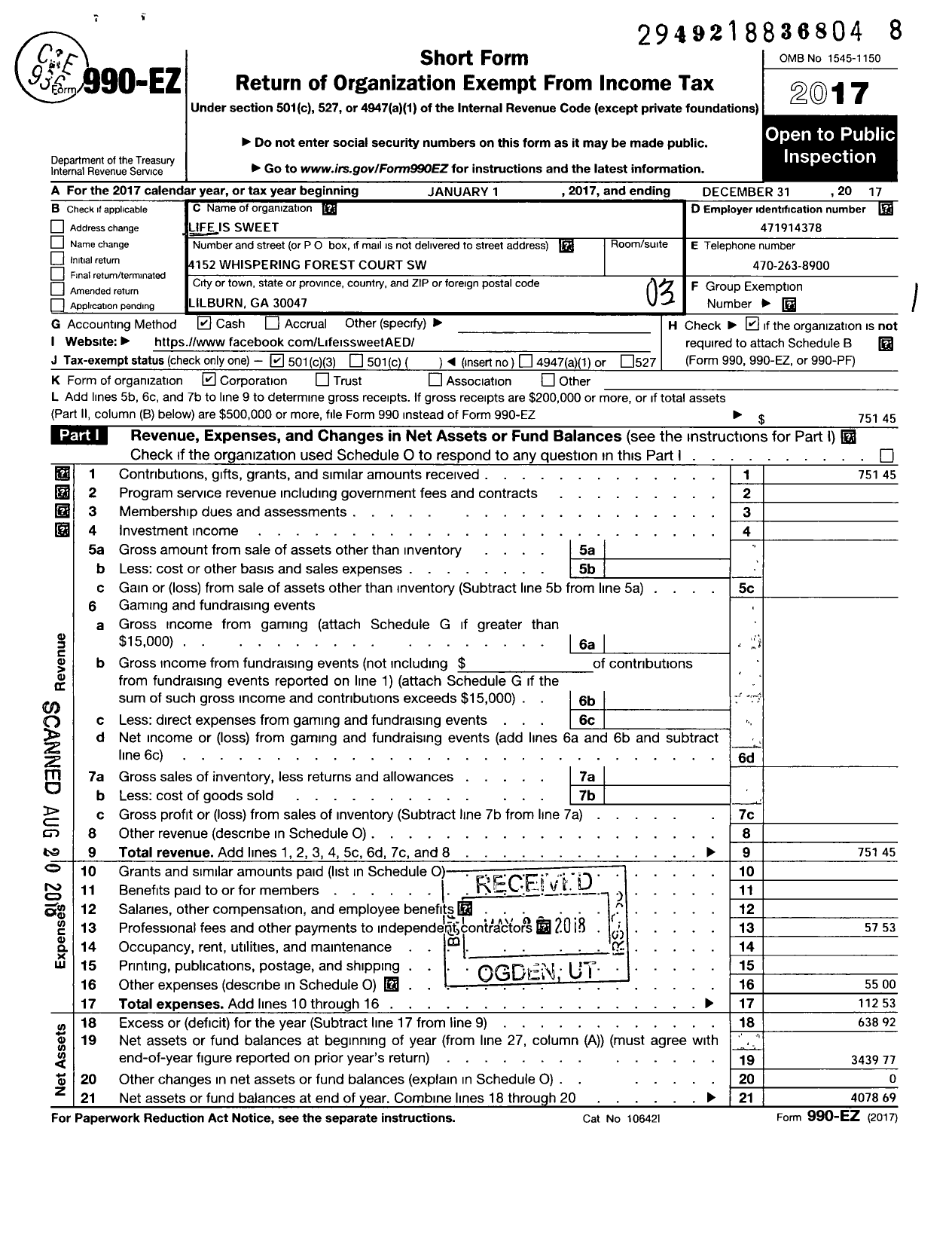 Image of first page of 2017 Form 990EZ for Life Is Sweet