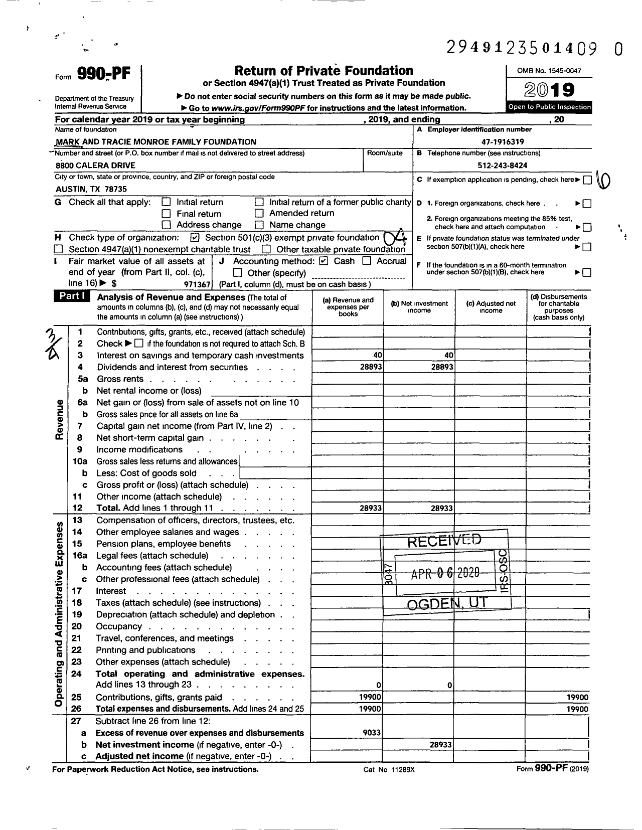 Image of first page of 2019 Form 990PR for Mark and Tracie Monroe Family Foundation