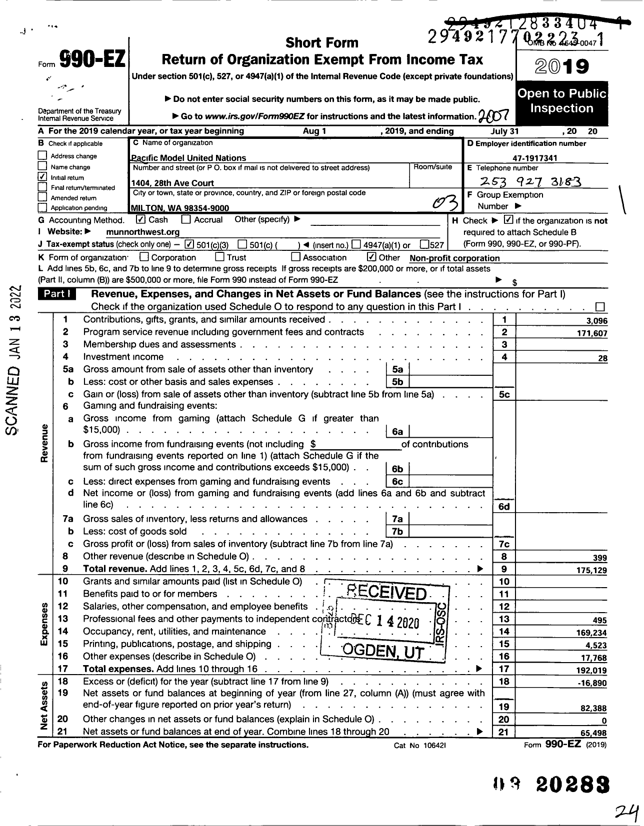 Image of first page of 2019 Form 990EZ for Pacific Model United Nations