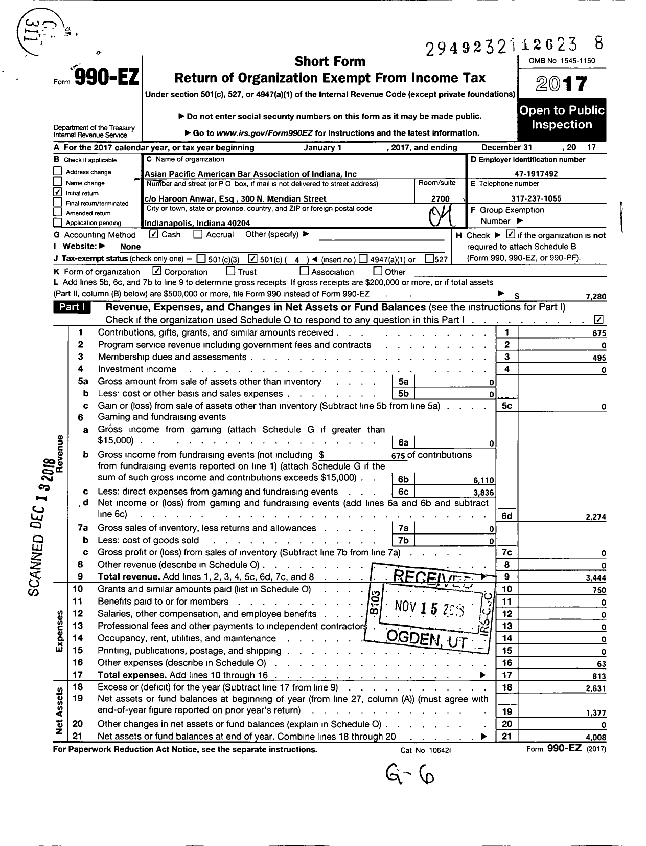 Image of first page of 2017 Form 990EO for Asian Pacific American Bar Association of Indiana