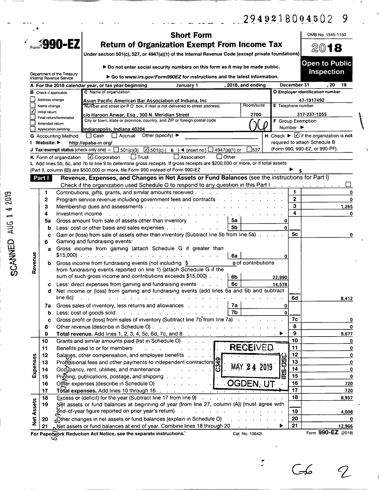 Image of first page of 2018 Form 990EO for Asian Pacific American Bar Association of Indiana