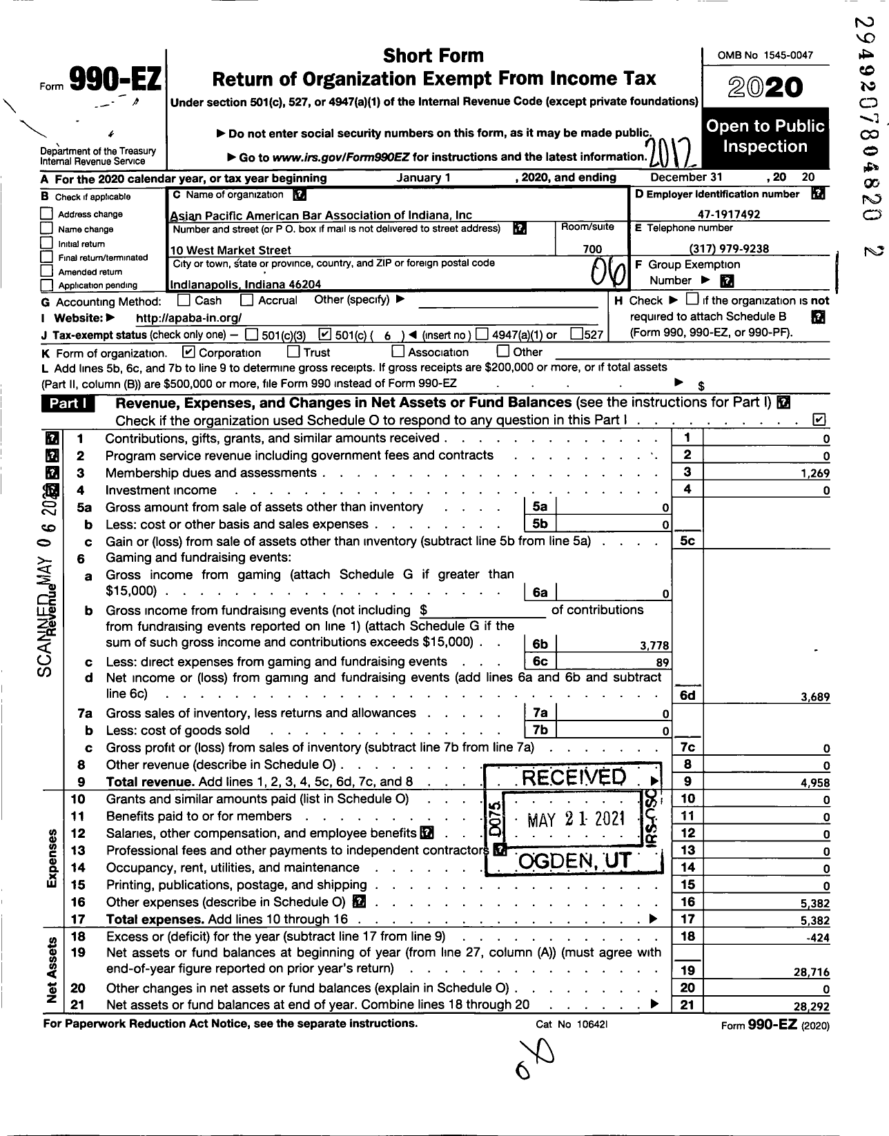 Image of first page of 2020 Form 990EO for Asian Pacific American Bar Association of Indiana