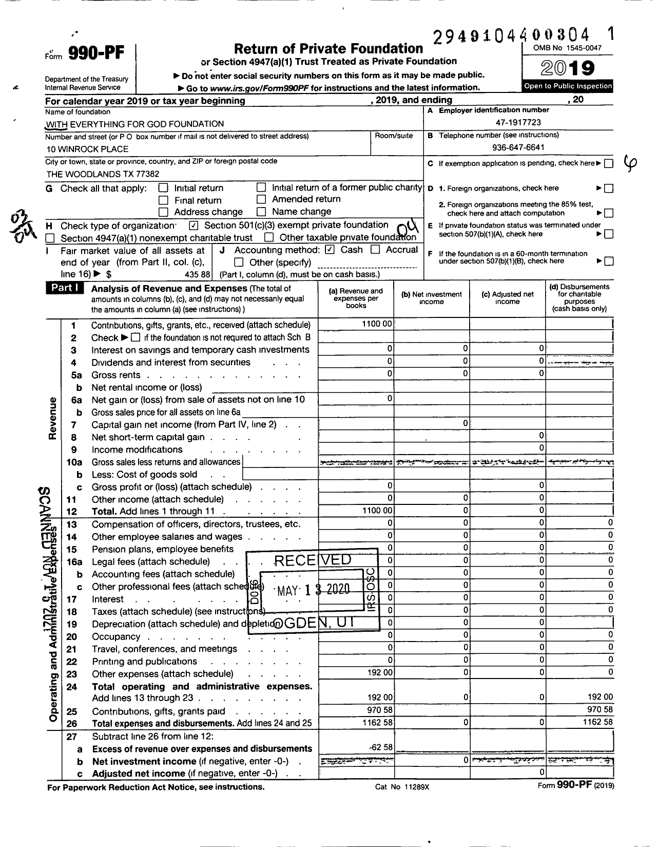 Image of first page of 2019 Form 990PF for With Everything for God Foundation