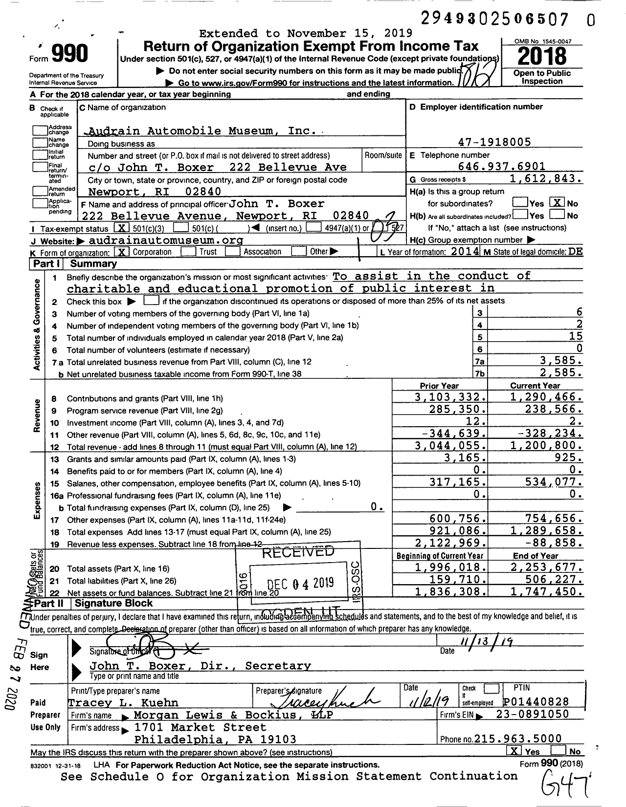Image of first page of 2018 Form 990 for Audrain Automobile Museum