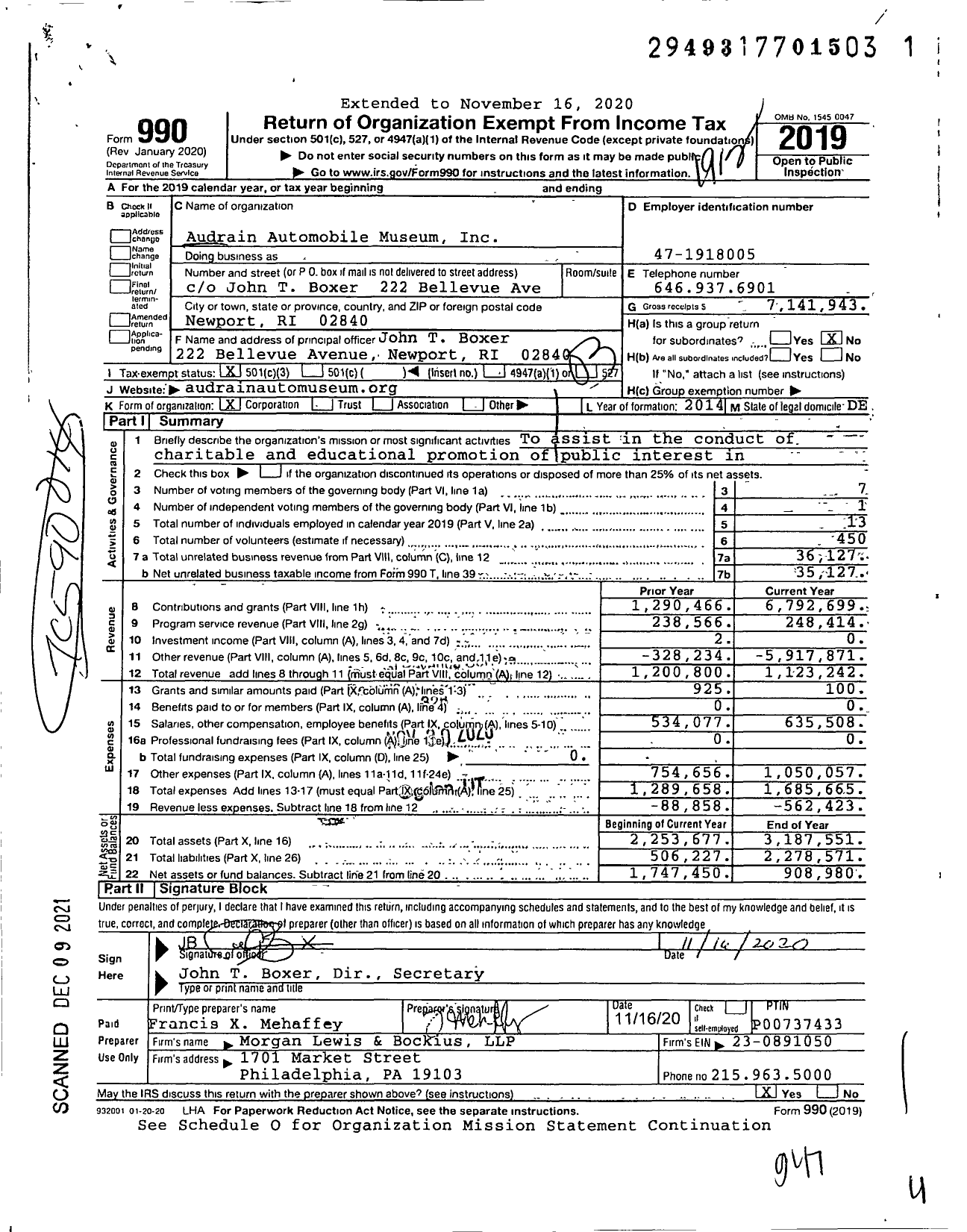 Image of first page of 2019 Form 990 for Audrain Automobile Museum