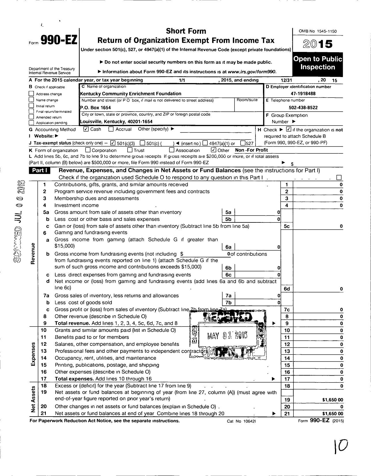 Image of first page of 2015 Form 990EZ for Kentucky Community Enrichment Foundation