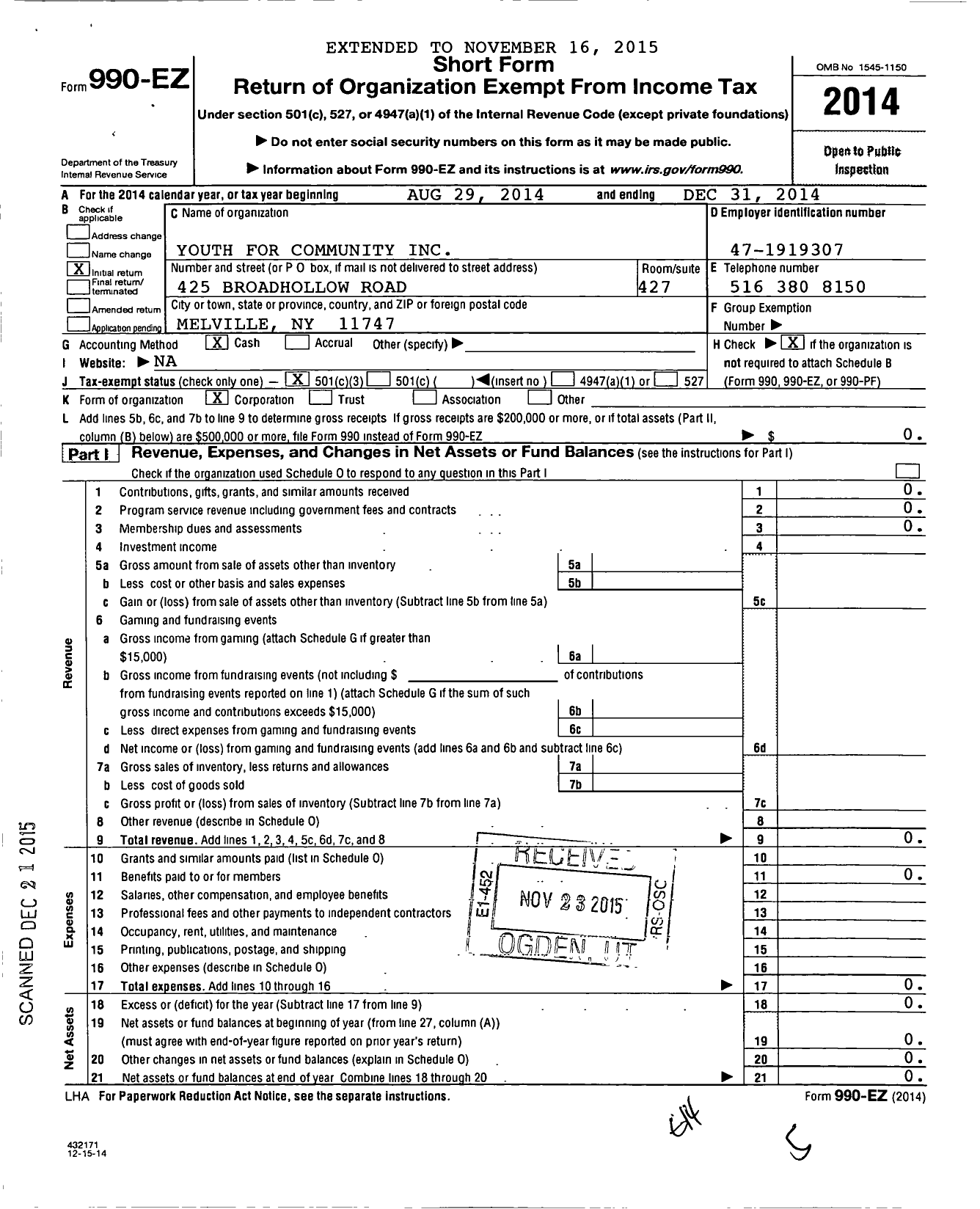 Image of first page of 2014 Form 990EZ for Youth For Community