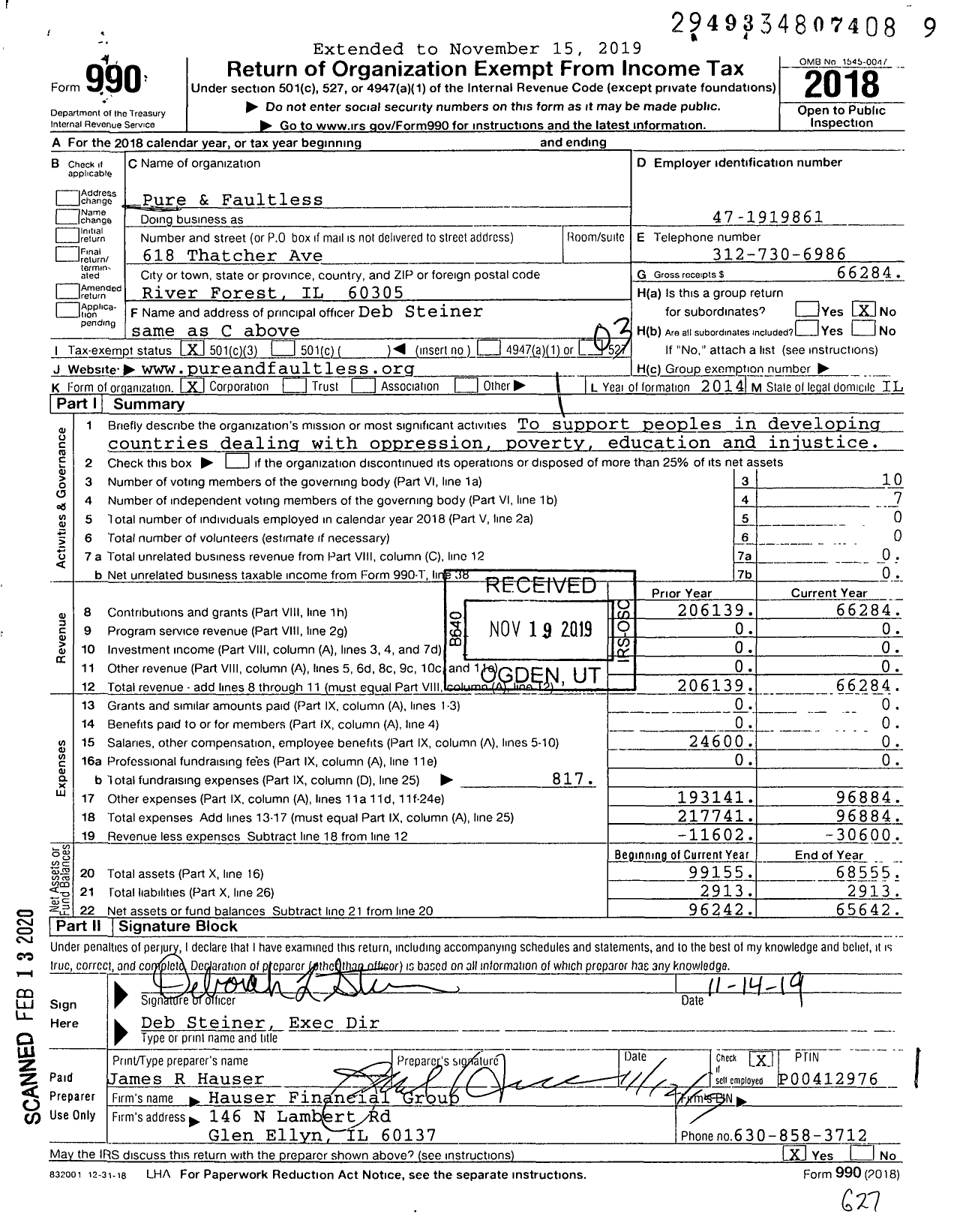 Image of first page of 2018 Form 990 for Pure & Faultless