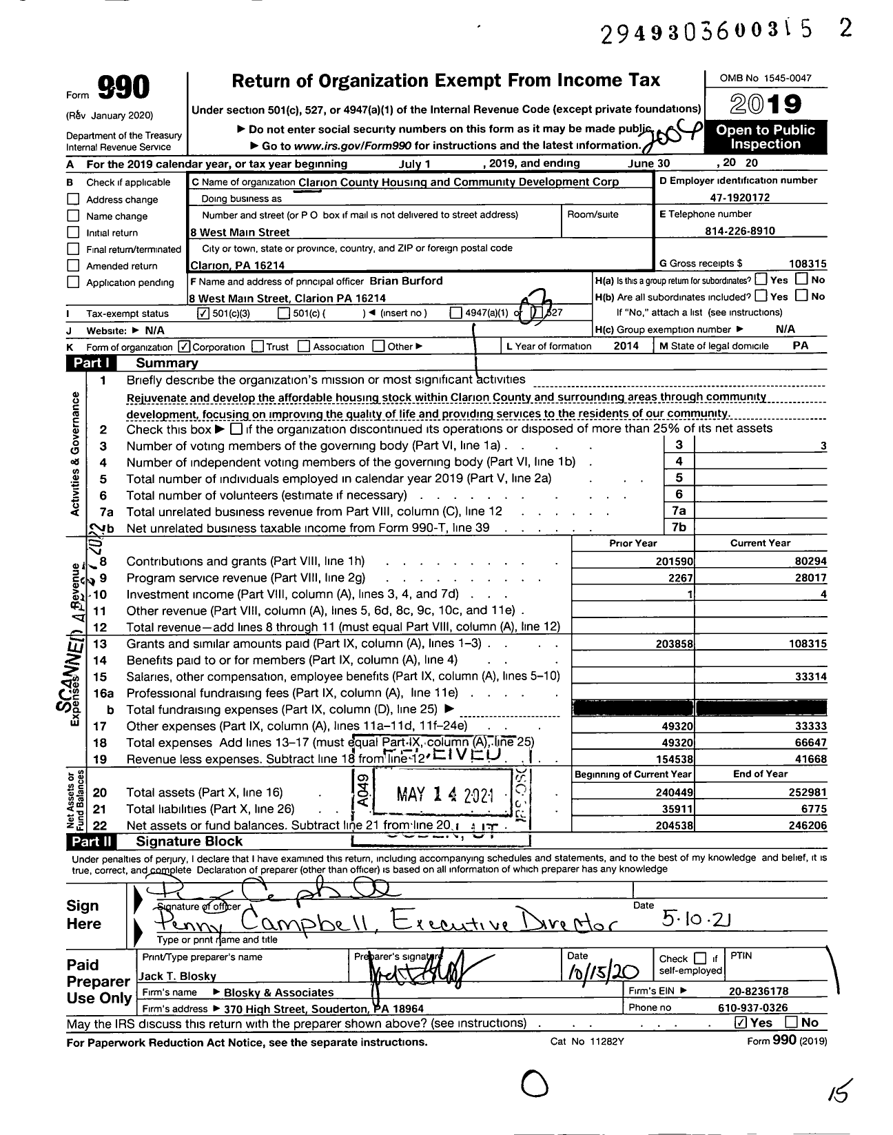 Image of first page of 2019 Form 990 for Clarion County Housing and Community Development Corporation