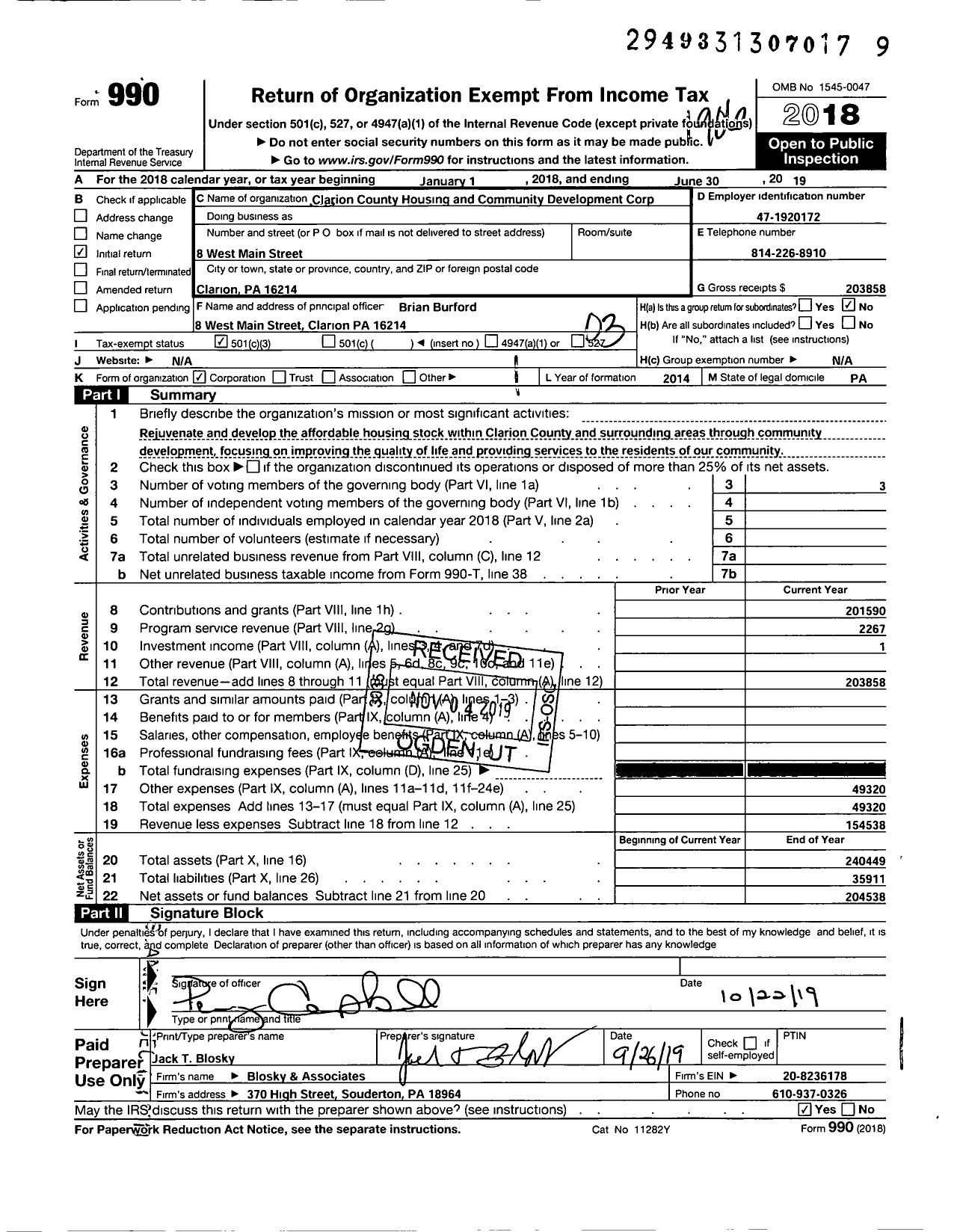 Image of first page of 2018 Form 990 for Clarion County Housing and Community Development Corporation