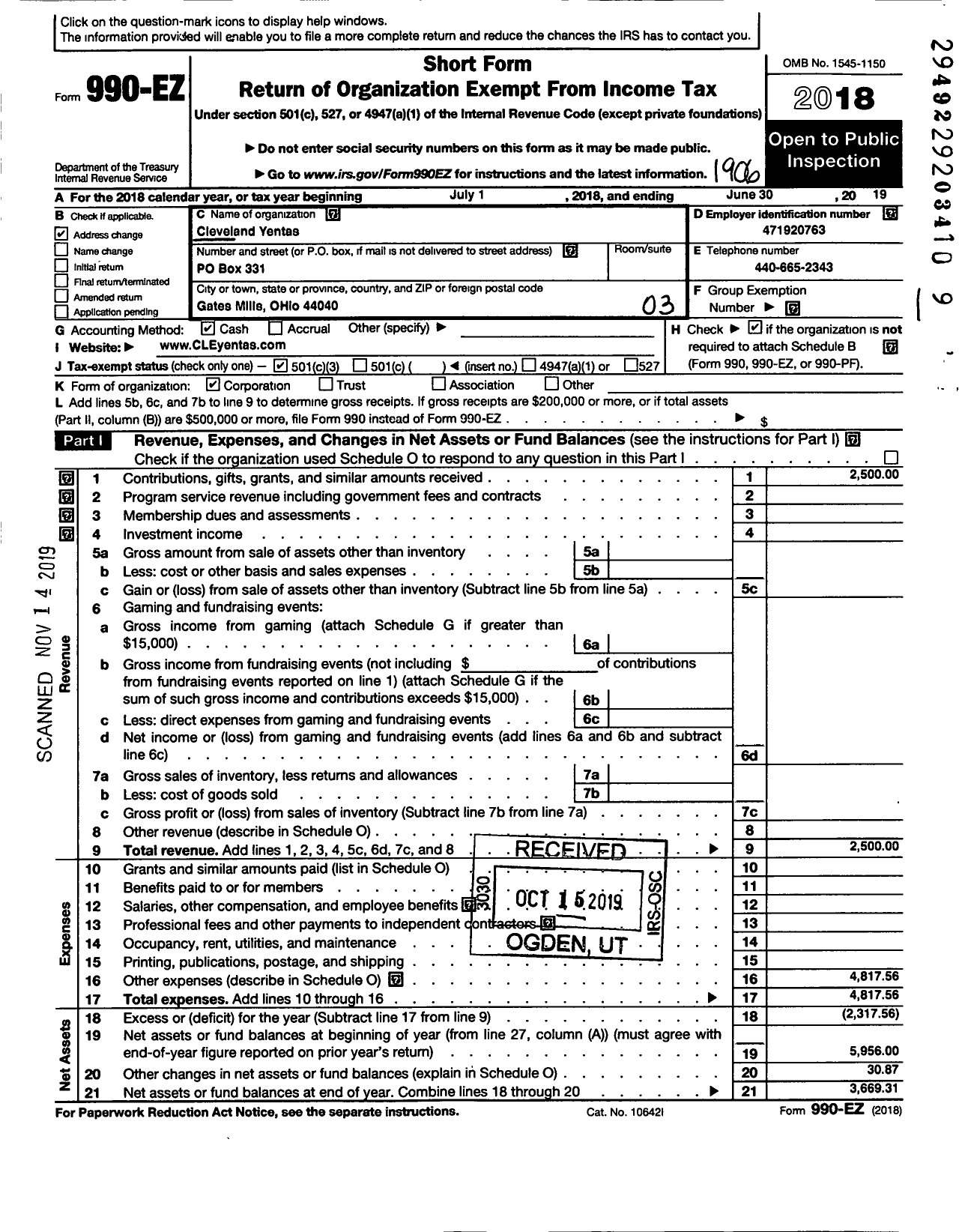 Image of first page of 2018 Form 990EZ for Cleveland Yentas