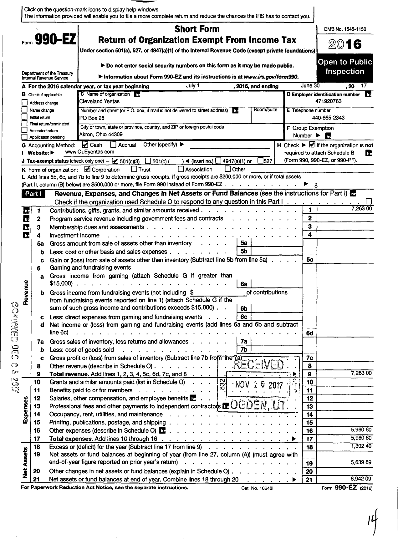 Image of first page of 2016 Form 990EZ for Cleveland Yentas