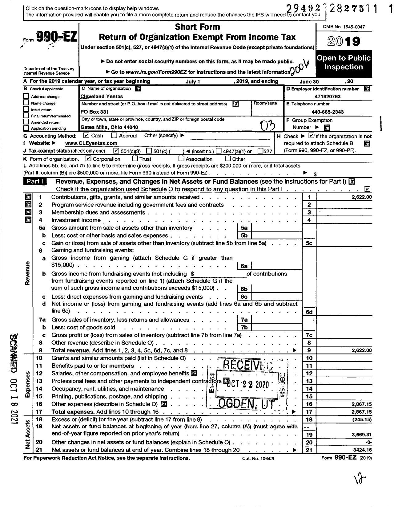 Image of first page of 2019 Form 990EZ for Cleveland Yentas