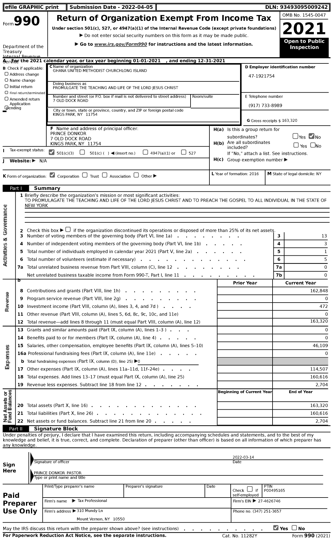 Image of first page of 2021 Form 990 for Promulgate the Teaching and Life of the Lord Jesus Christ