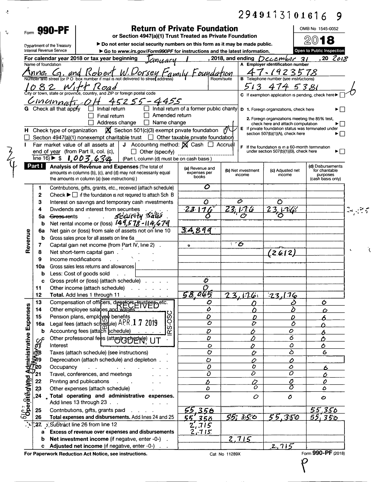 Image of first page of 2018 Form 990PF for Anne G and Robert W Dorsey Family Foundation