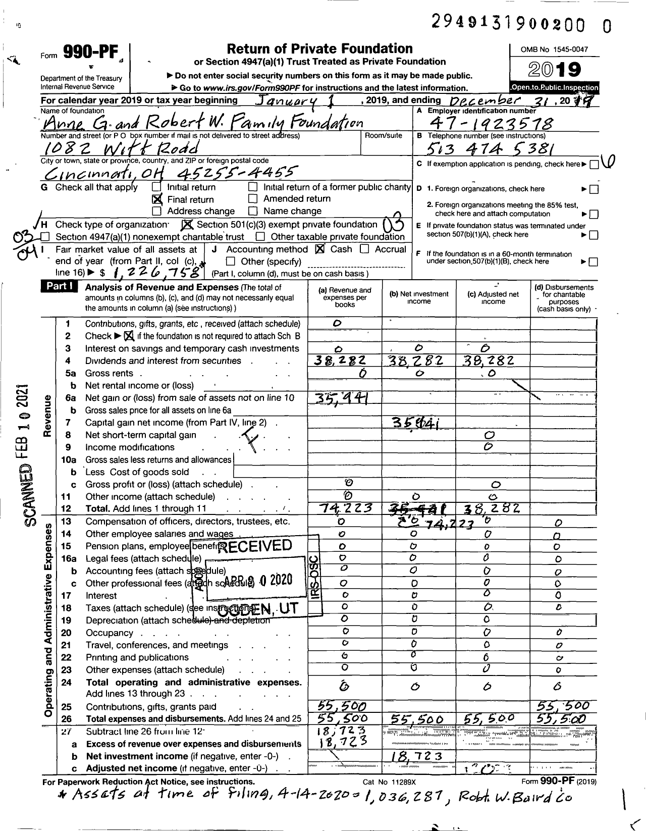 Image of first page of 2019 Form 990PF for Anne G and Robert W Dorsey Family Foundation