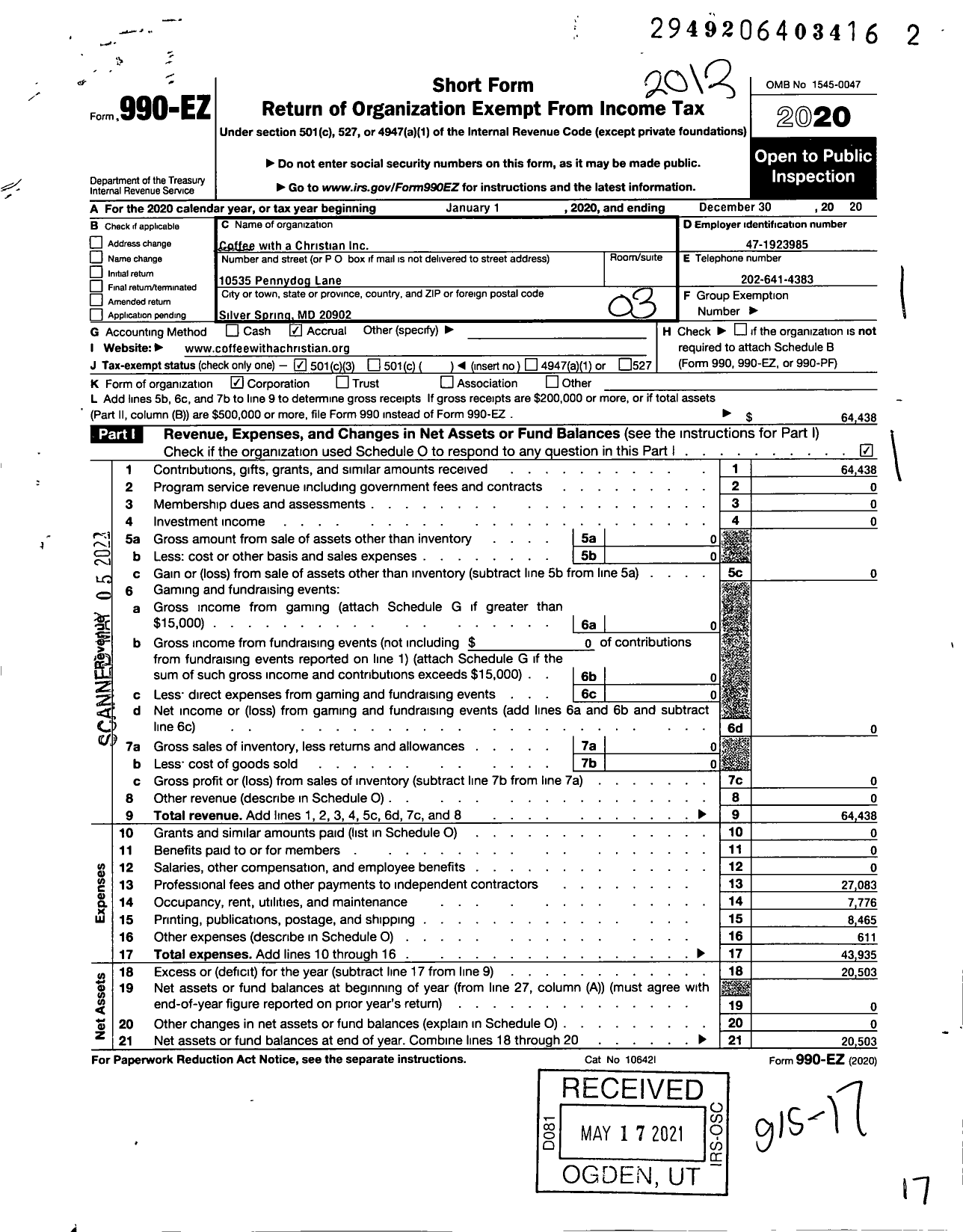 Image of first page of 2020 Form 990EZ for Coffee with A Christian