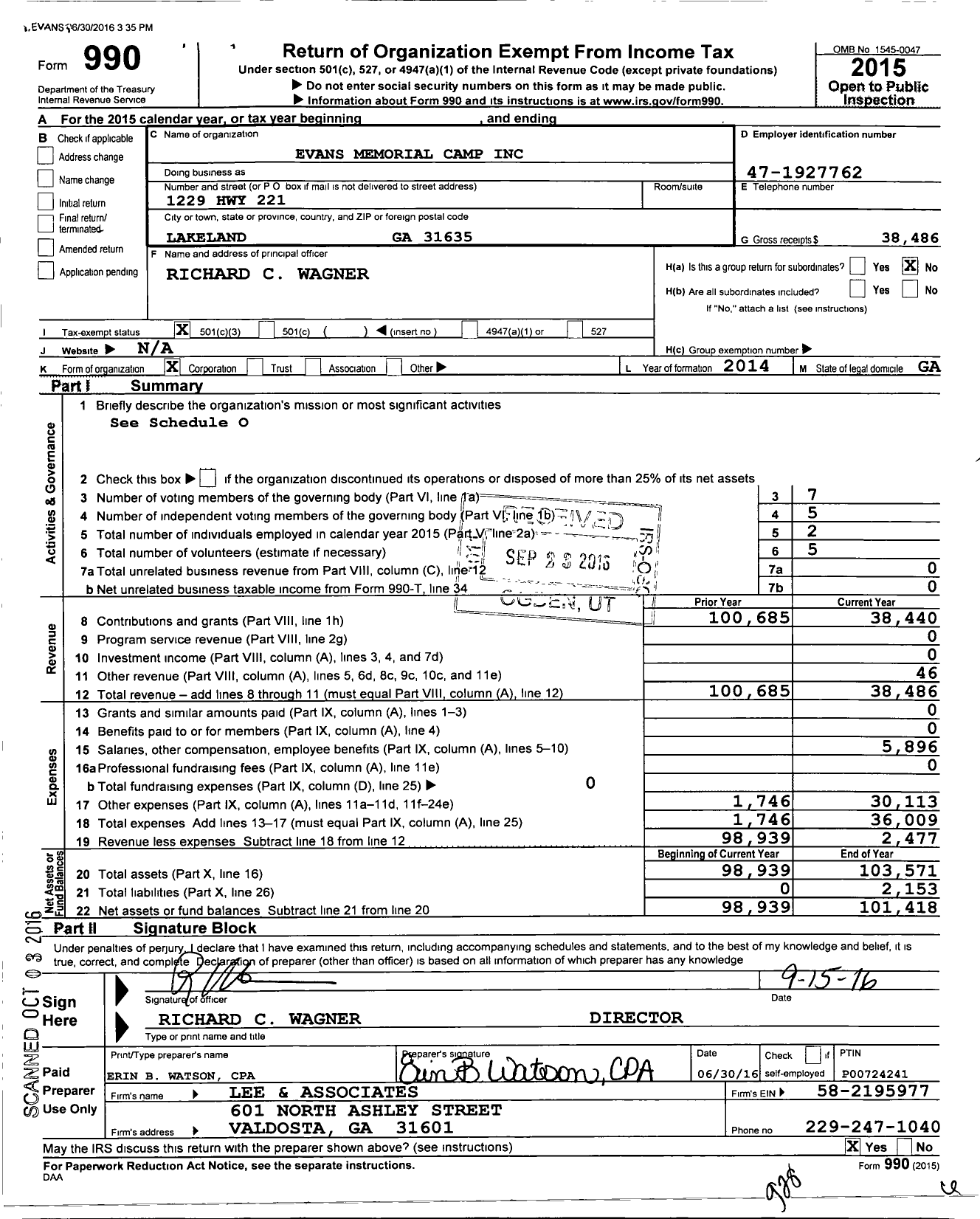 Image of first page of 2015 Form 990 for Evans Memorial Camp