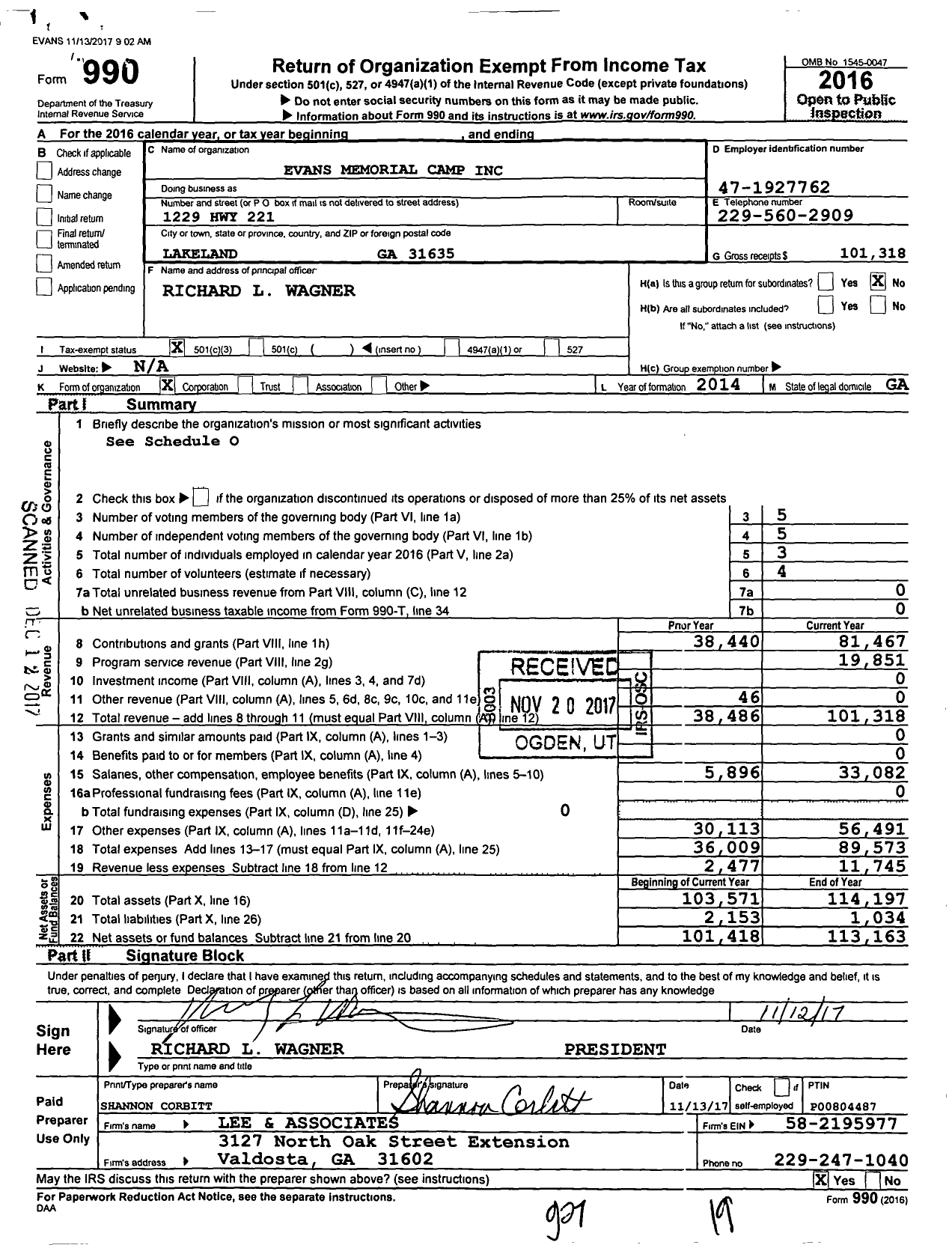 Image of first page of 2016 Form 990 for Evans Memorial Camp