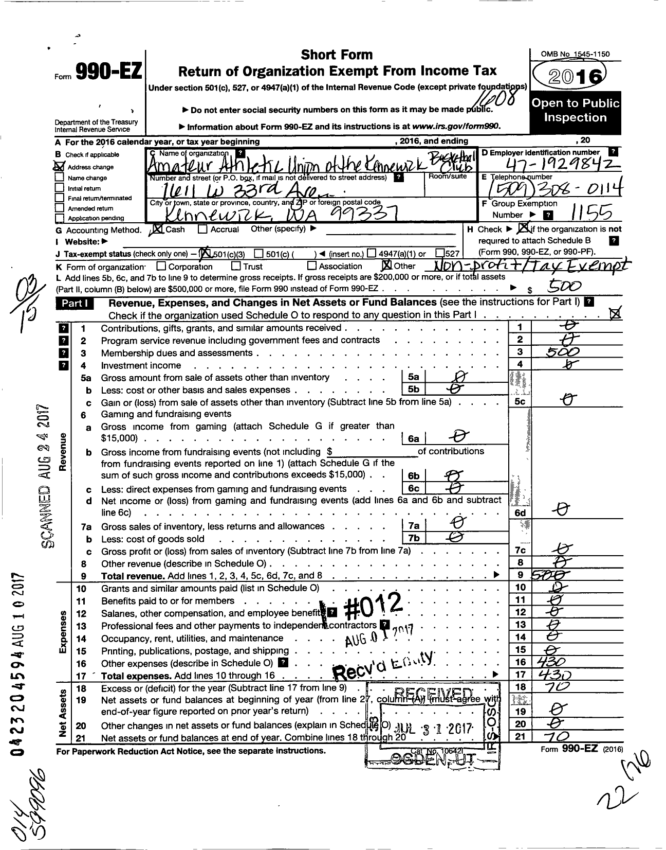 Image of first page of 2015 Form 990EZ for Amateur Athletic Union - Kennewick Basketball Club