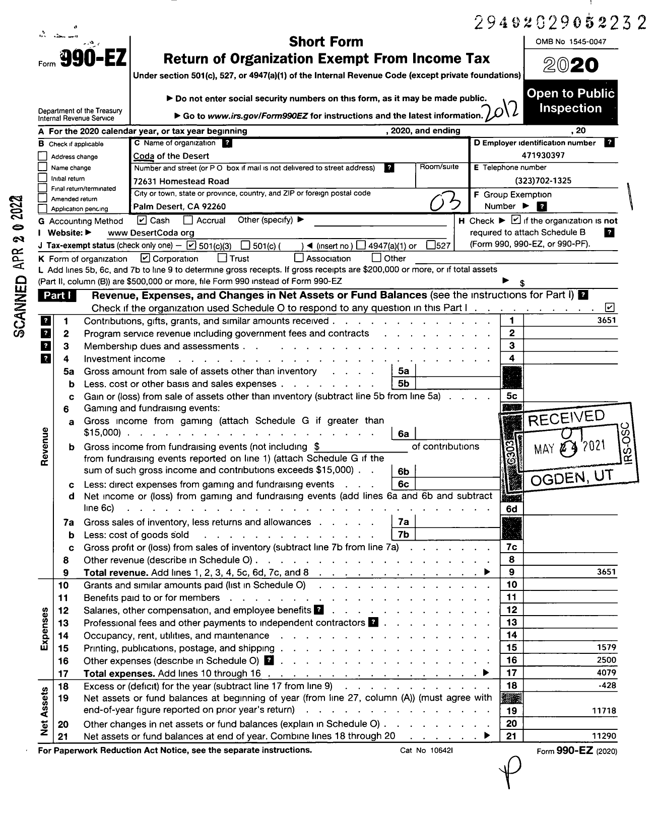 Image of first page of 2020 Form 990EZ for CoDA OF THE DESERT