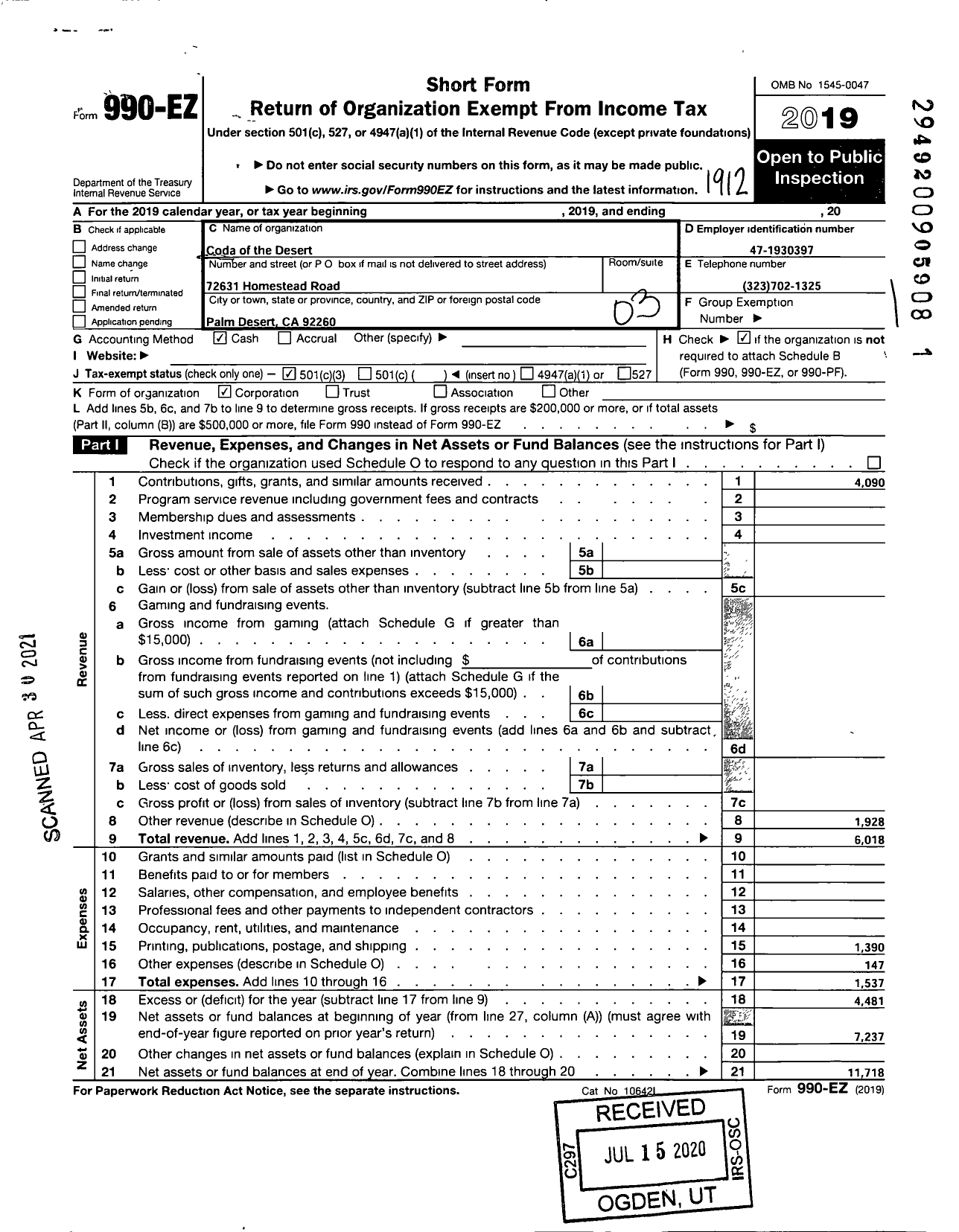 Image of first page of 2019 Form 990EZ for CoDA OF THE DESERT