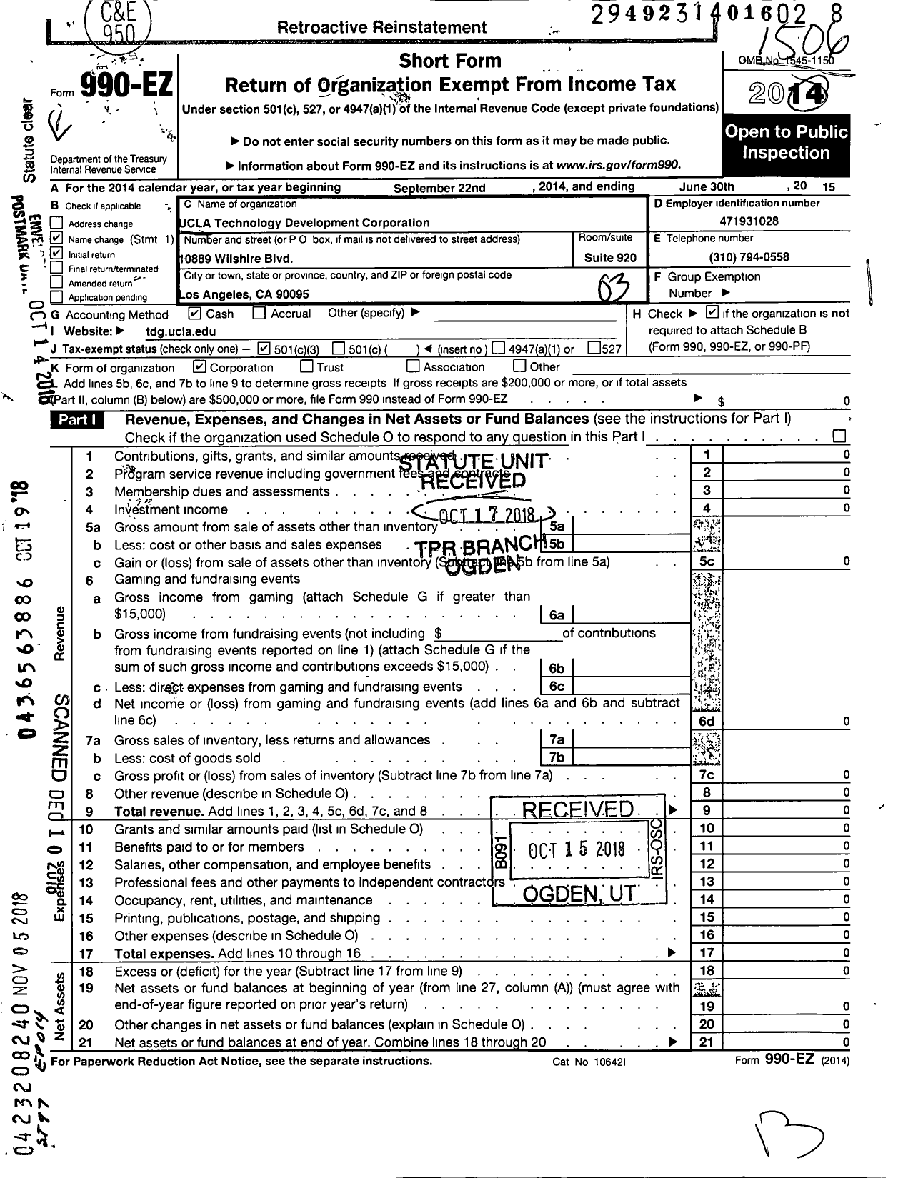 Image of first page of 2014 Form 990EZ for Ucla Technology Development Corporation