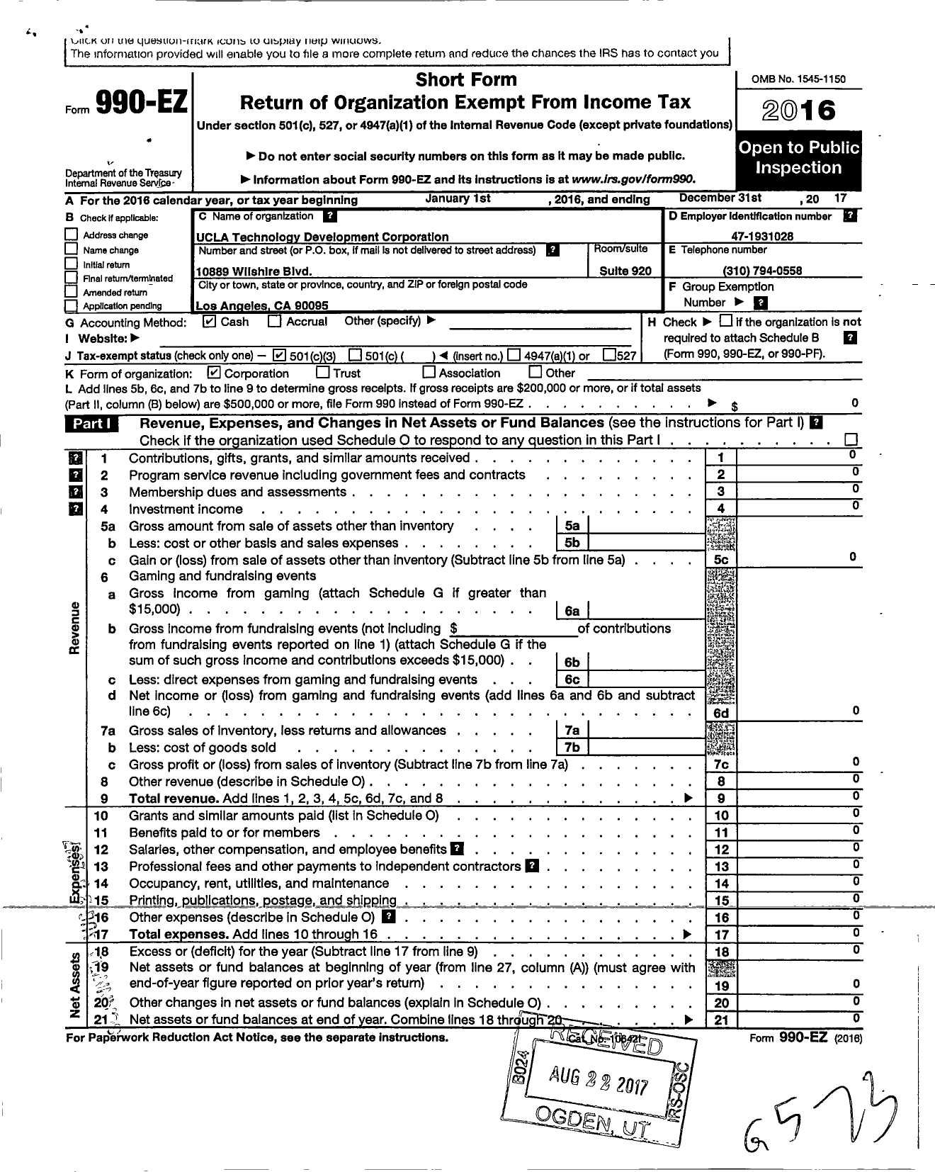 Image of first page of 2017 Form 990EZ for Ucla Technology Development Corporation