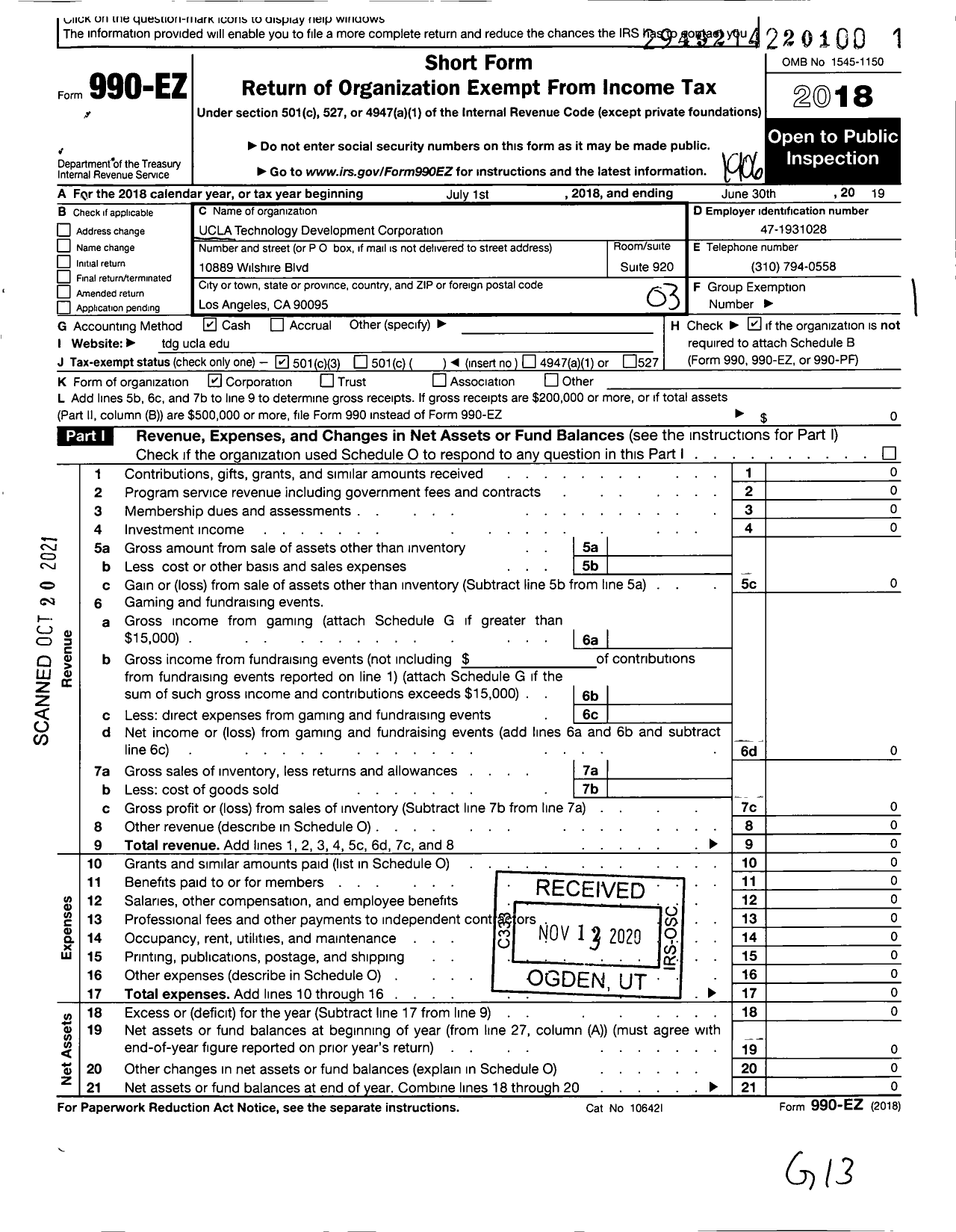 Image of first page of 2018 Form 990EZ for Ucla Technology Development Corporation