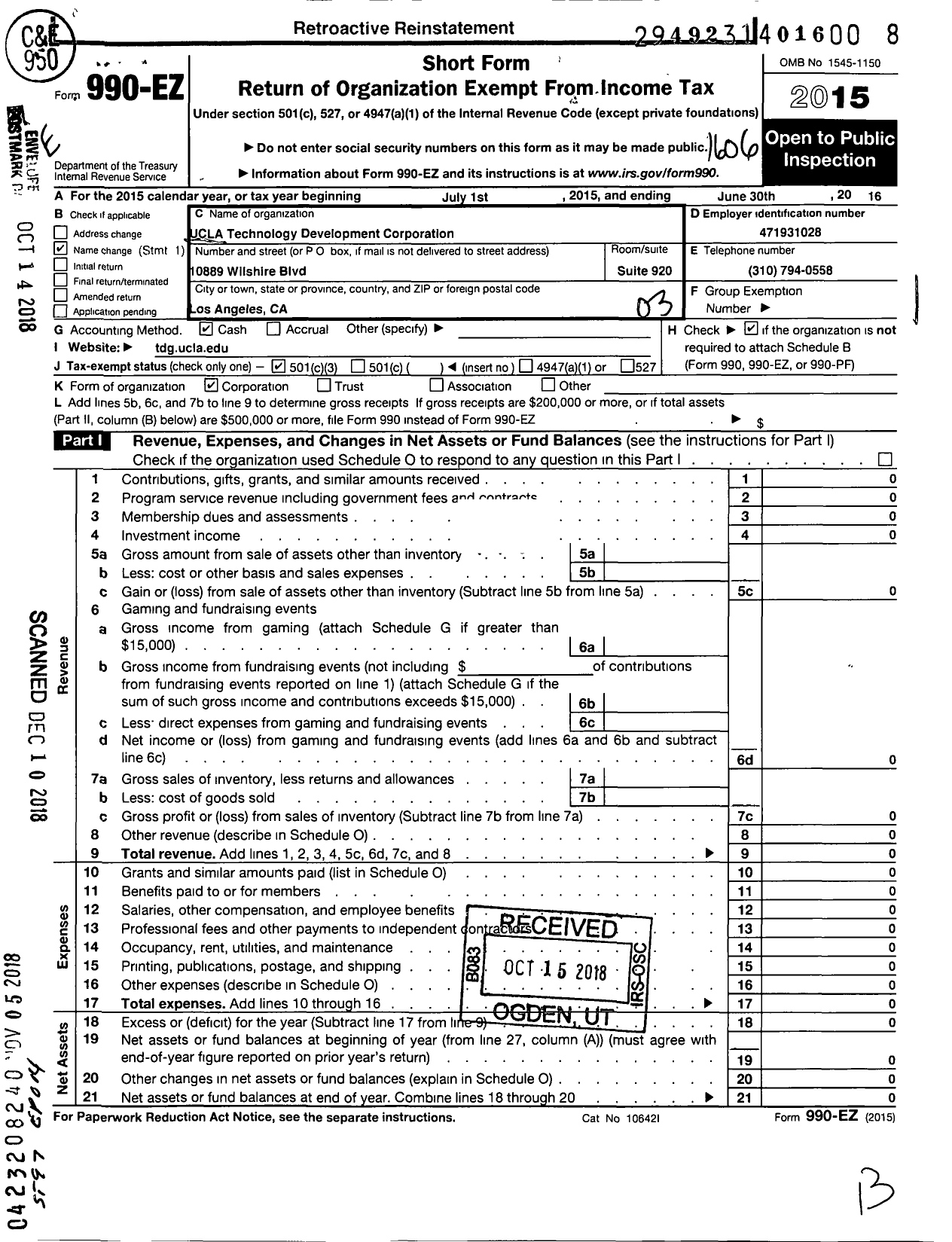 Image of first page of 2015 Form 990EZ for Ucla Technology Development Corporation