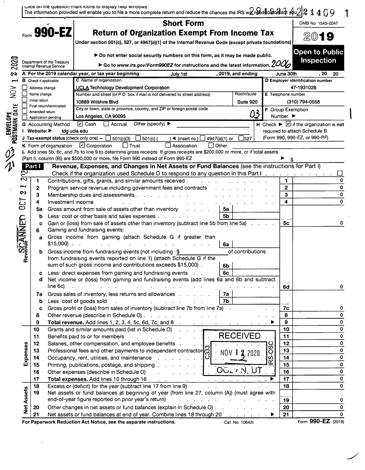 Image of first page of 2019 Form 990EZ for Ucla Technology Development Corporation