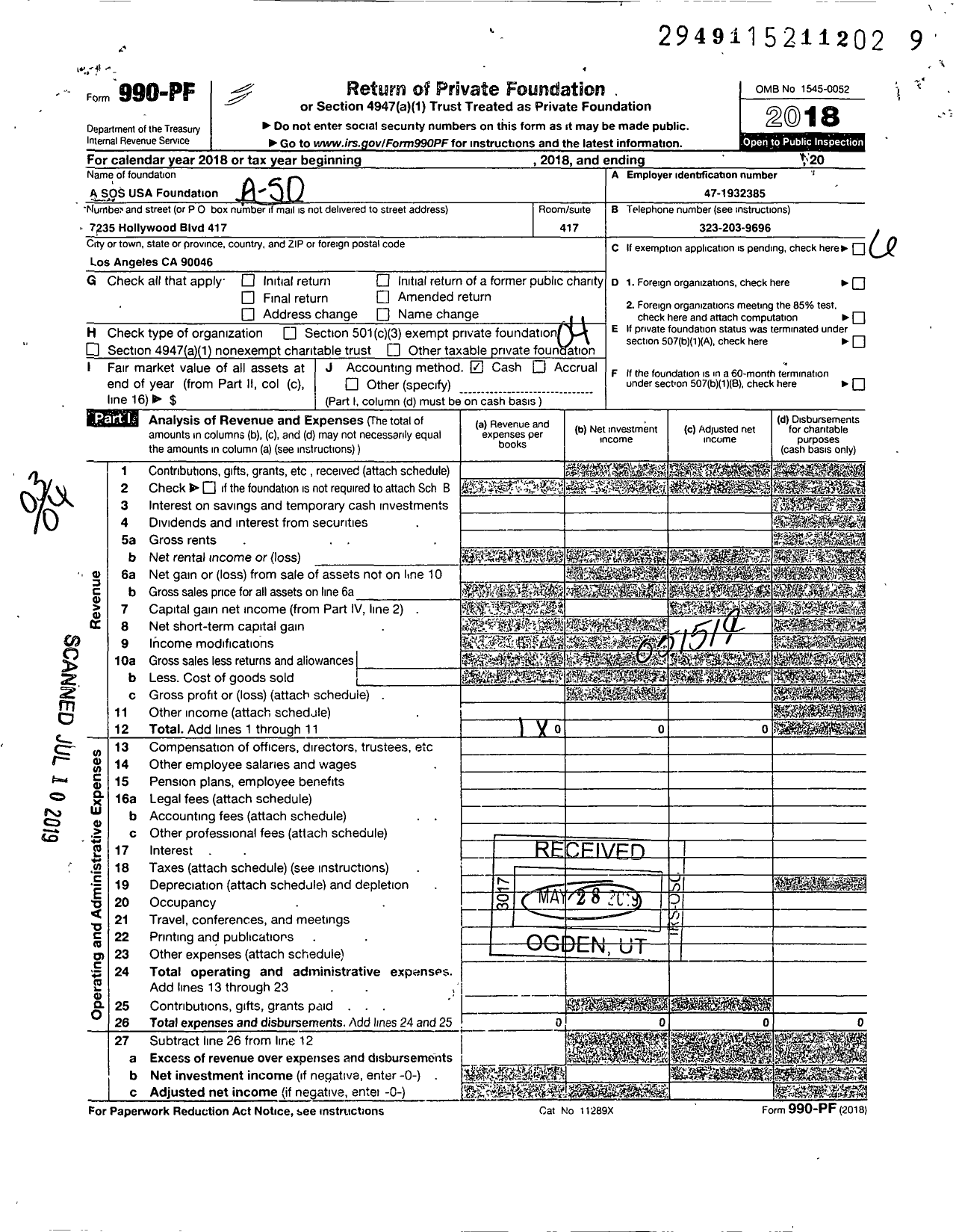 Image of first page of 2018 Form 990PF for A Sos USA Foundation