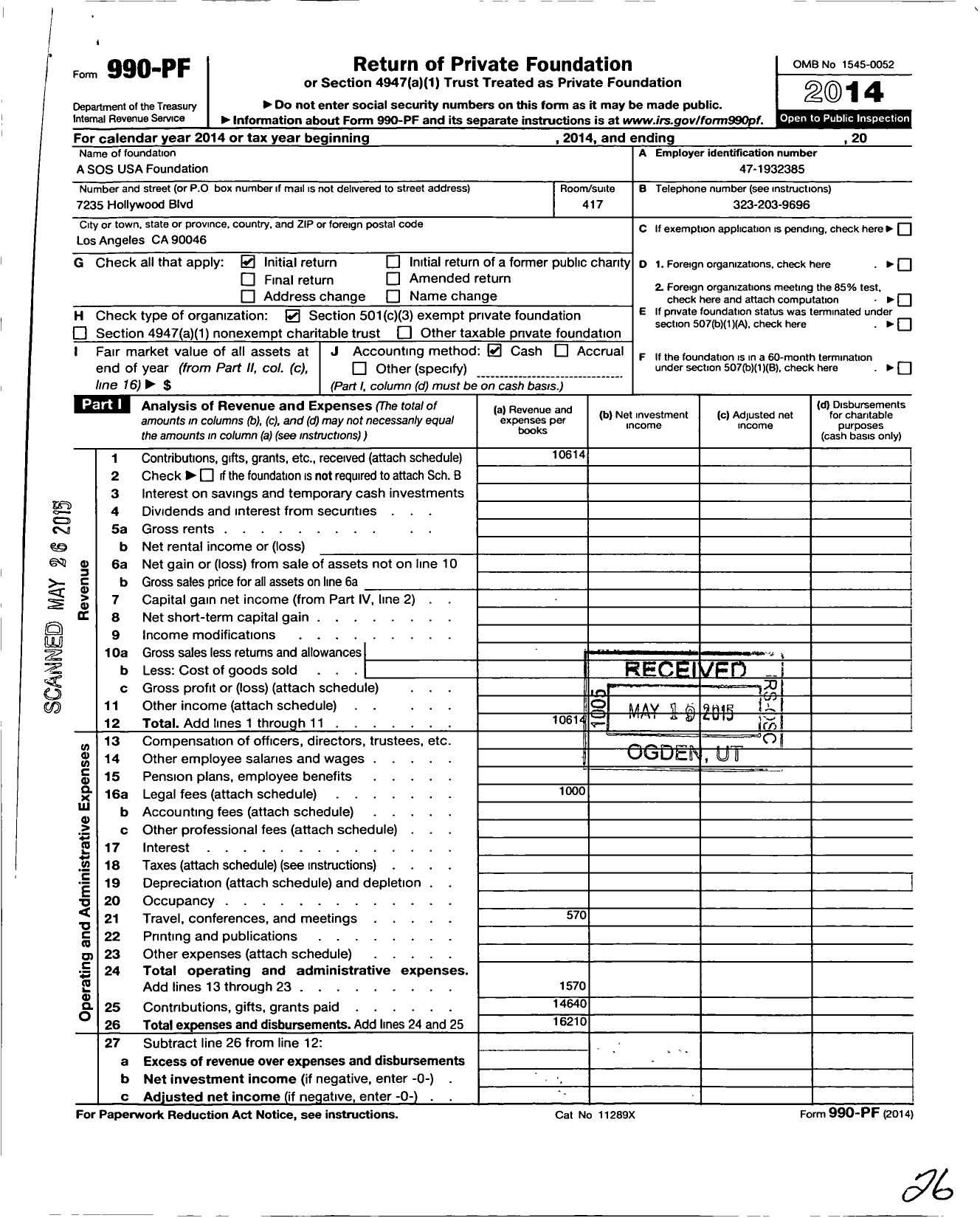 Image of first page of 2014 Form 990PF for A Sos USA Foundation