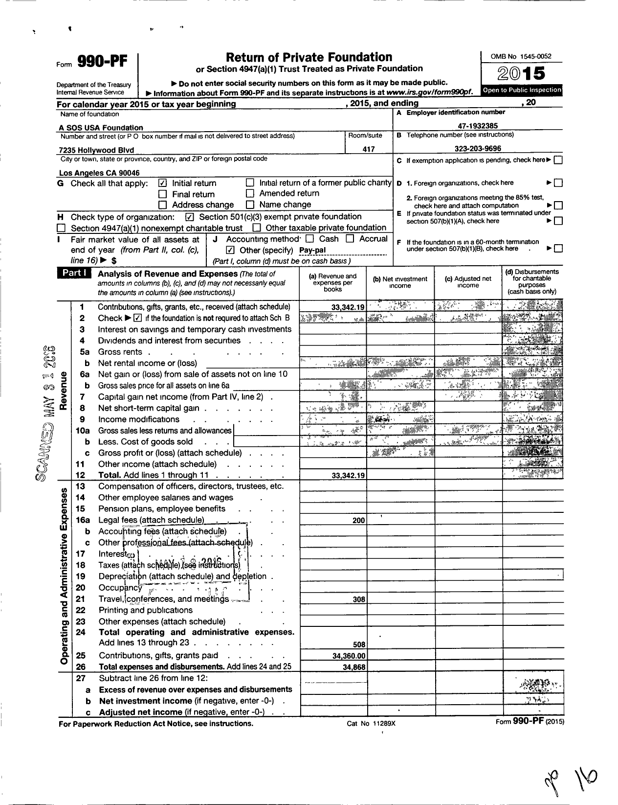 Image of first page of 2015 Form 990PF for A Sos USA Foundation