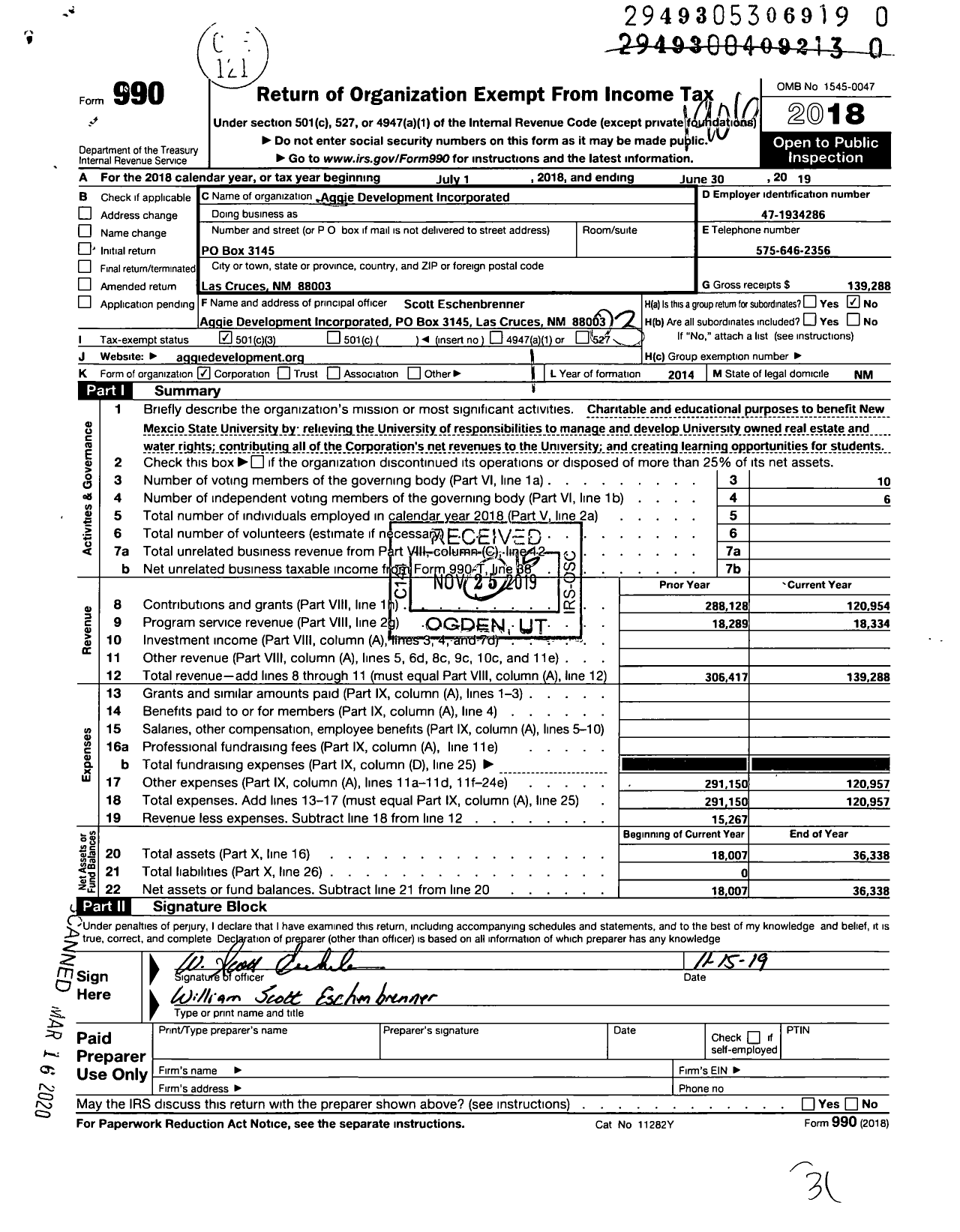 Image of first page of 2018 Form 990 for Aggie Development Incorporated