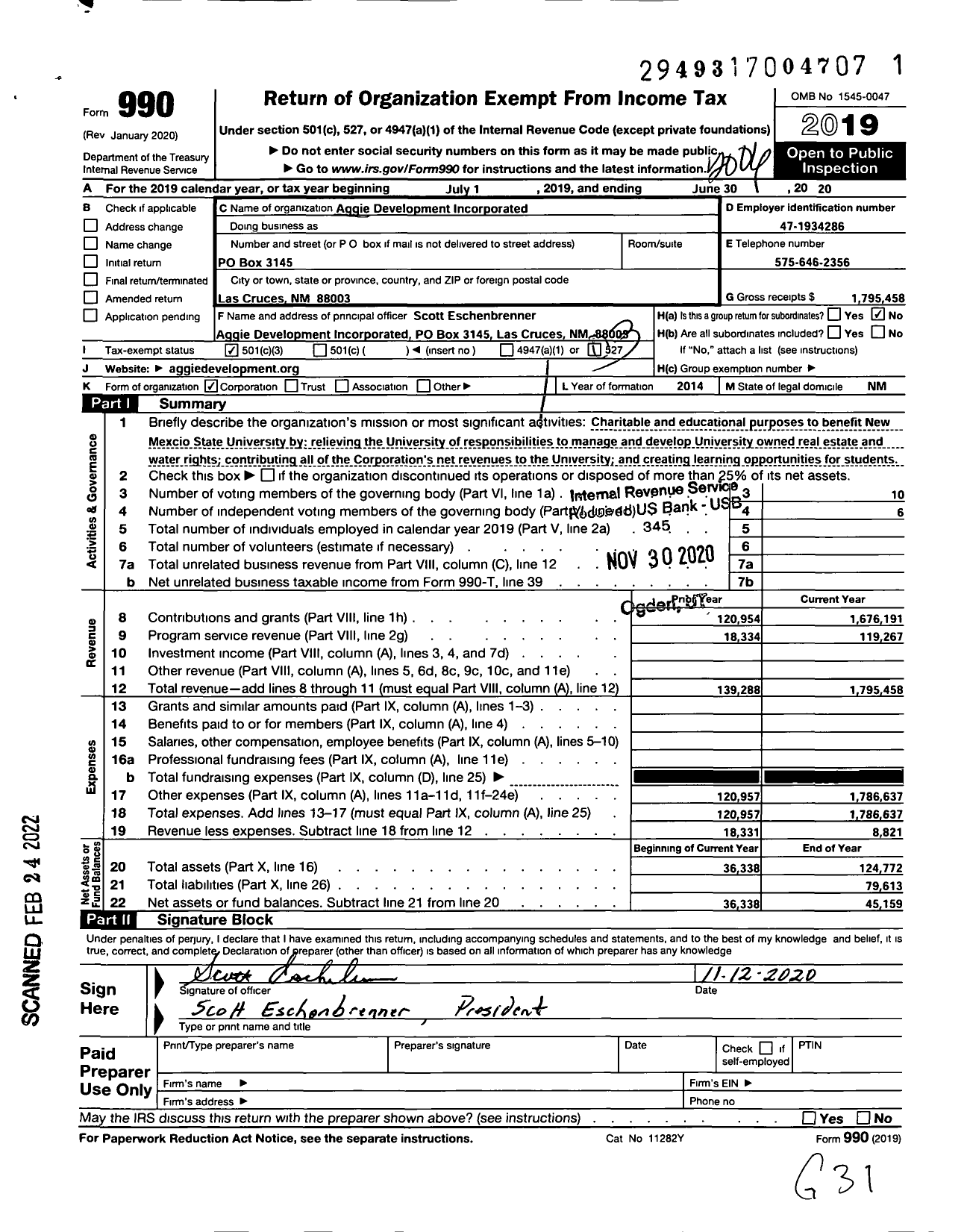 Image of first page of 2019 Form 990 for Aggie Development Incorporated