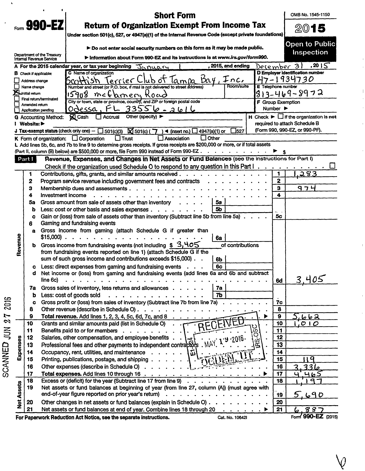 Image of first page of 2015 Form 990EO for Scottish Terrier Club of Tampa Bay