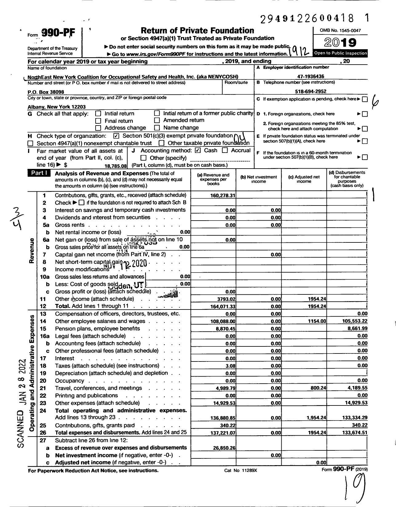 Image of first page of 2019 Form 990PF for Northeast New York Coalition for Occupational Safety and Health