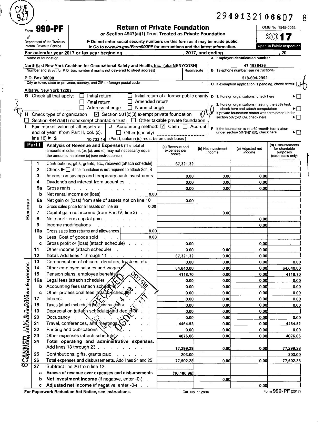 Image of first page of 2017 Form 990PF for Northeast New York Coalition for Occupational Safety and Health