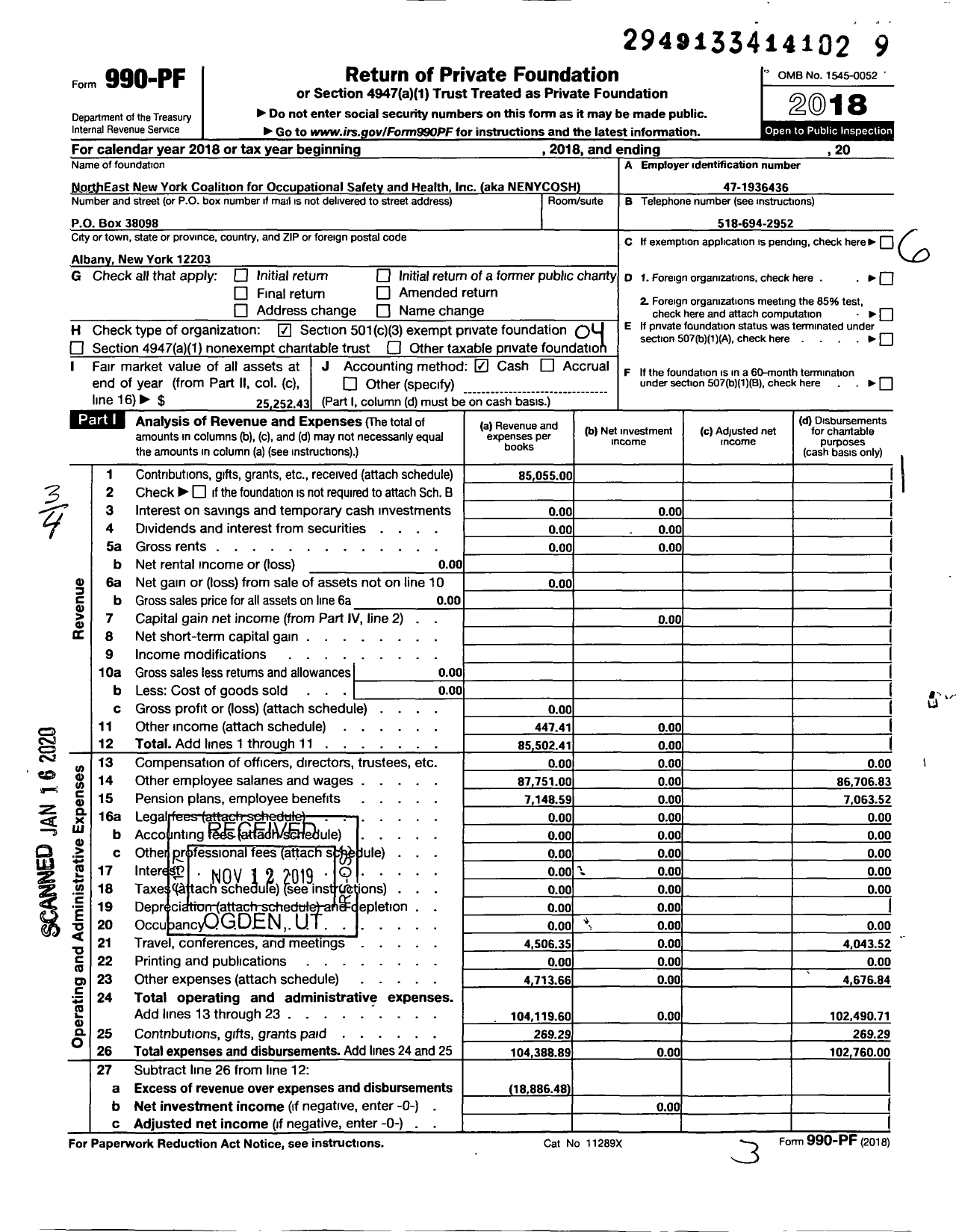 Image of first page of 2018 Form 990PF for Northeast New York Coalition for Occupational Safety and Health