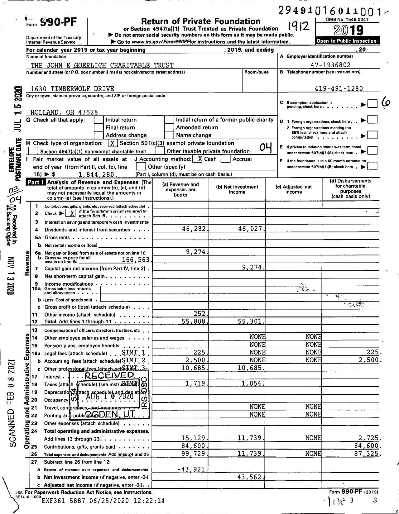 Image of first page of 2019 Form 990PF for The John E Goerlich Charitable Trust